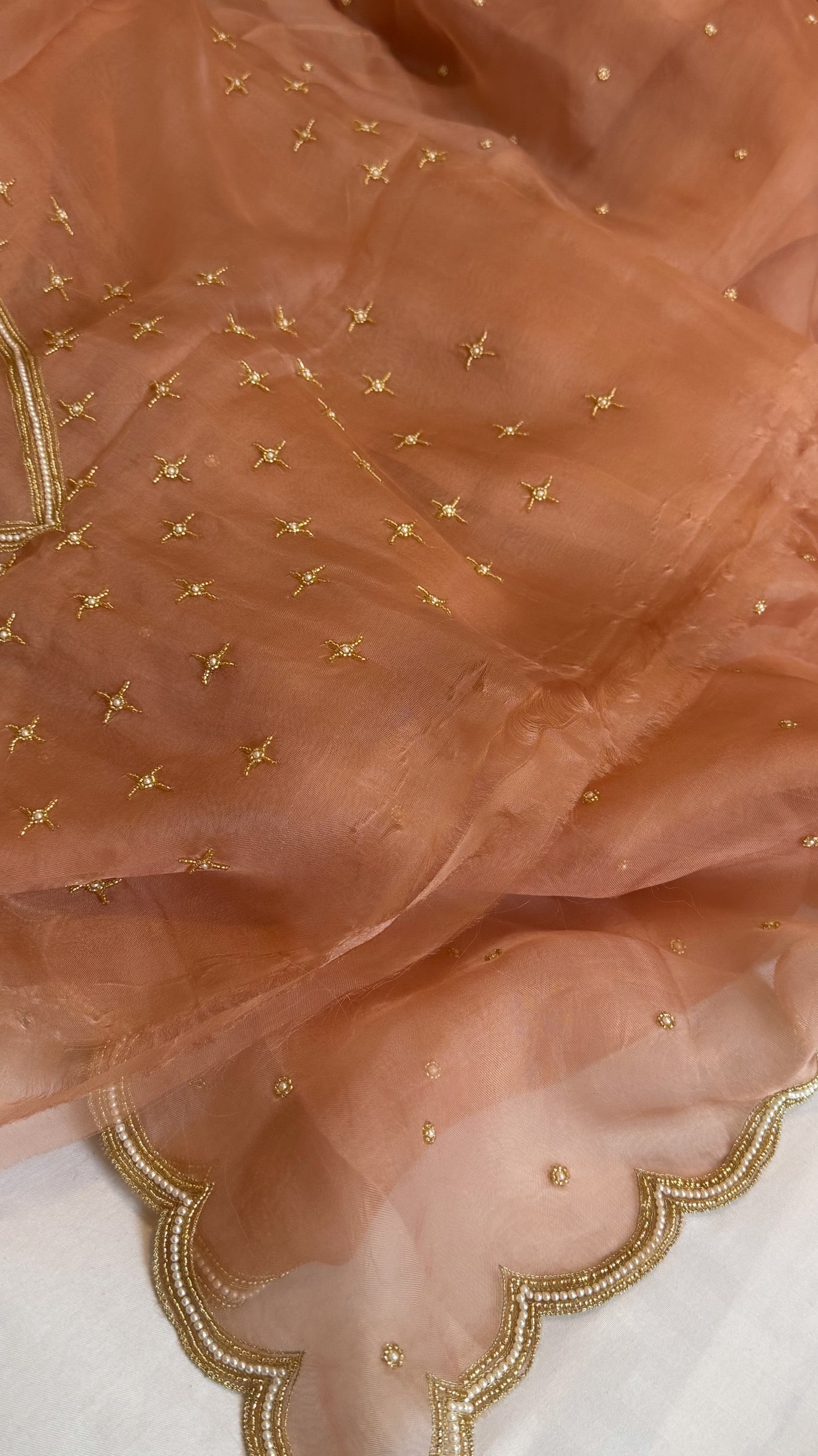 Rose gold kora silk zardozi work hand embroidered saree