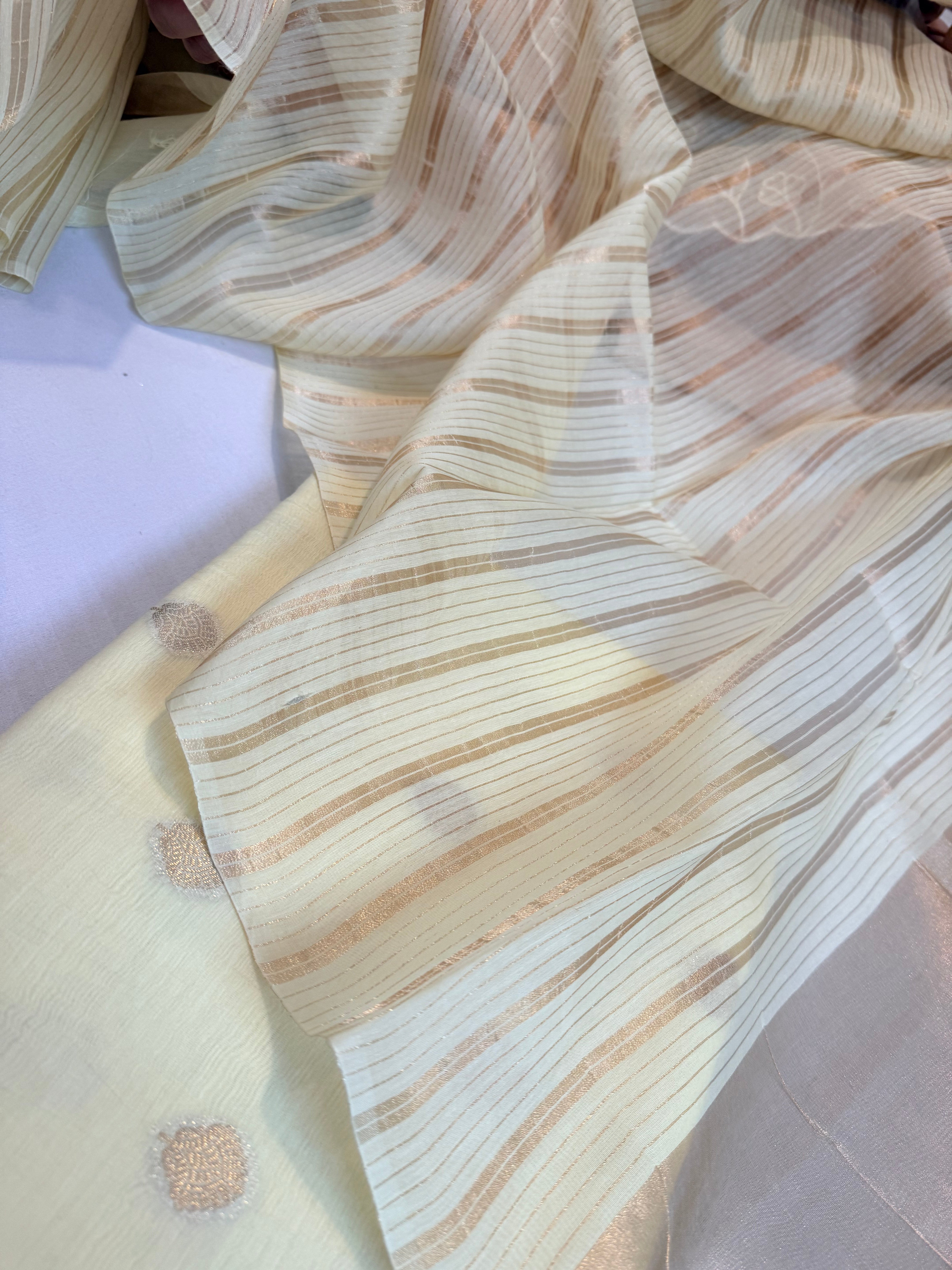 BELOW 8K - Lime yellow zari cotton striped kadhwa buti banarasi suit set