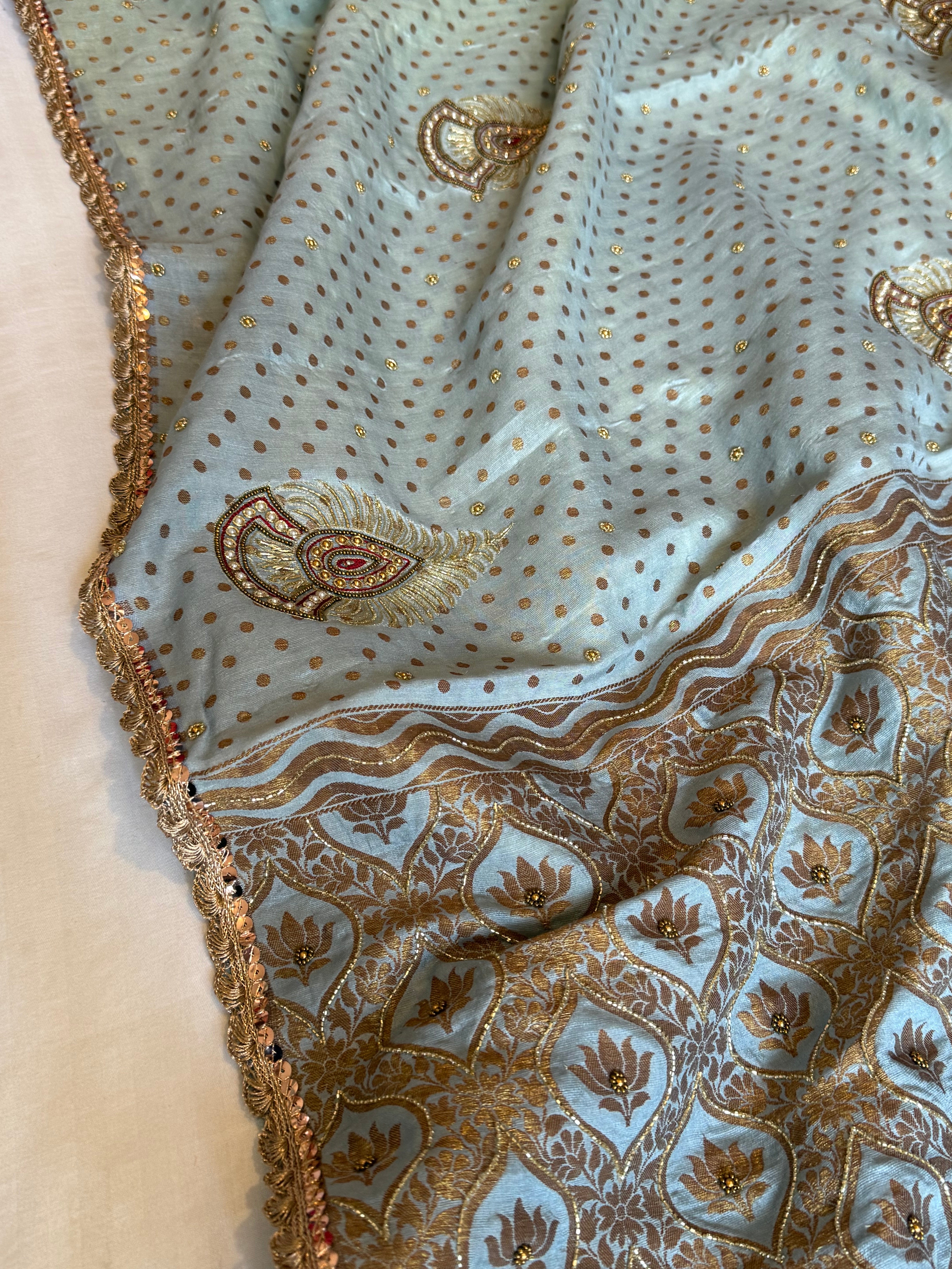 Water blue moonga silk antique zari hand embroidered kadhwa saree