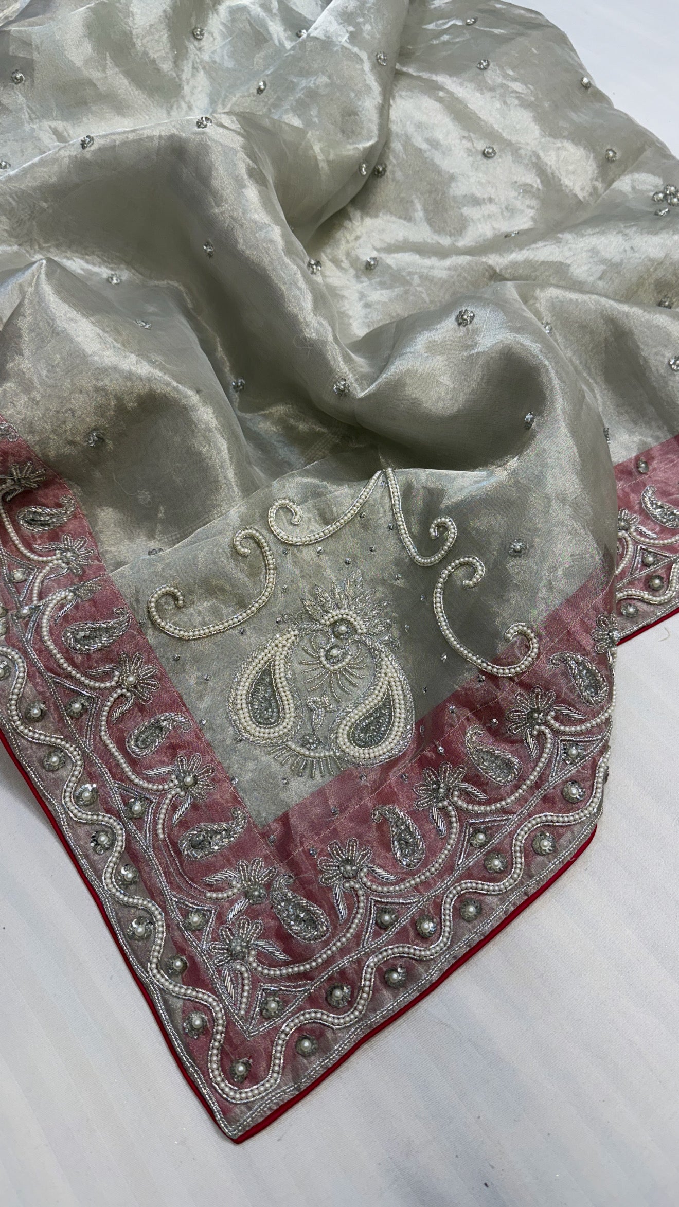 Gulab ki pankhuri husn tissue silk heavy hand embroidered zardozi border saree