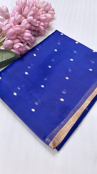 Pure banarasi electric blue tissue silk handwoven kadhwa buti saree with kadhwa intricate border buti weaving