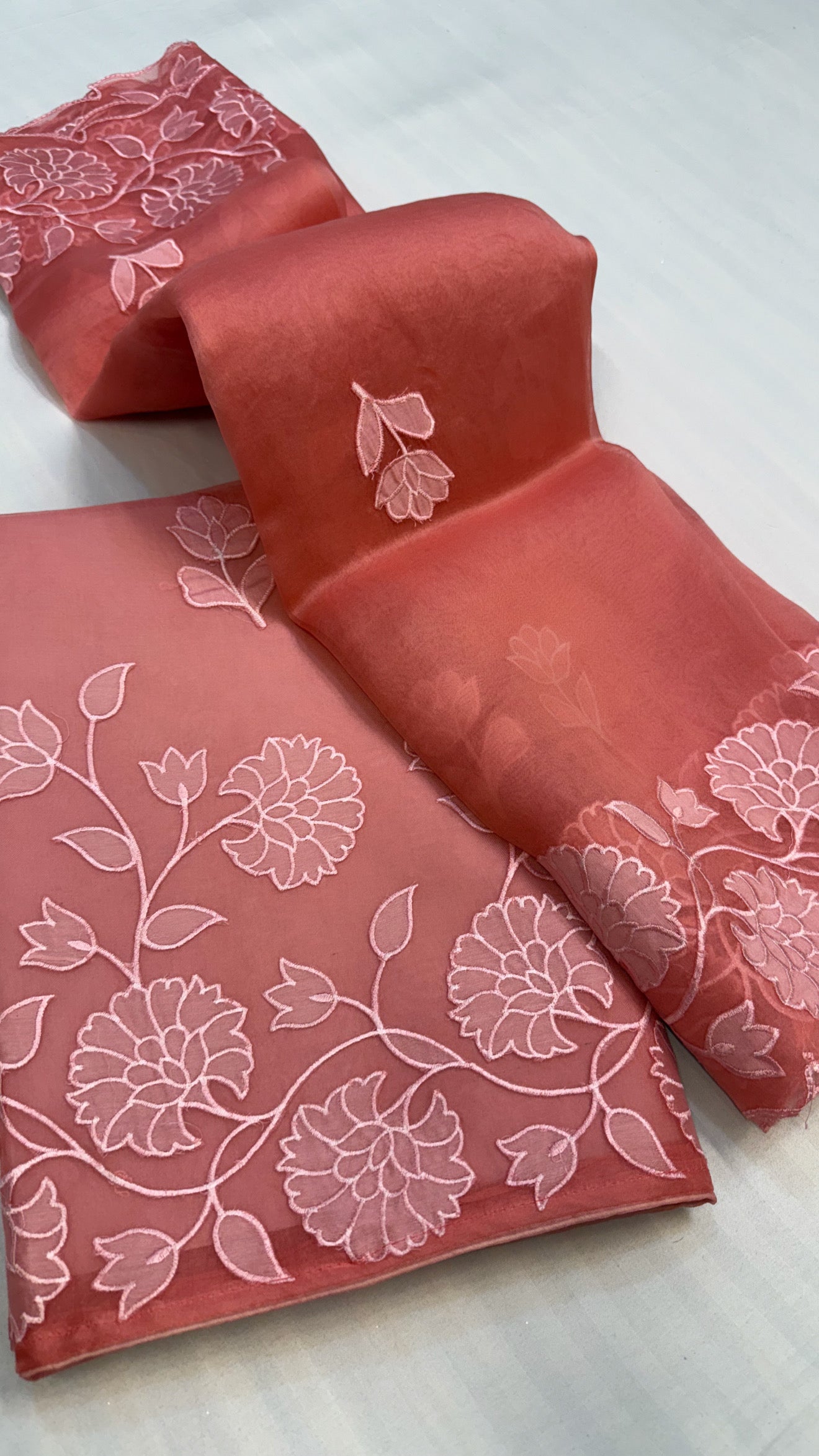 Kora silk appliqué work hand embroidered kadhwa suit set