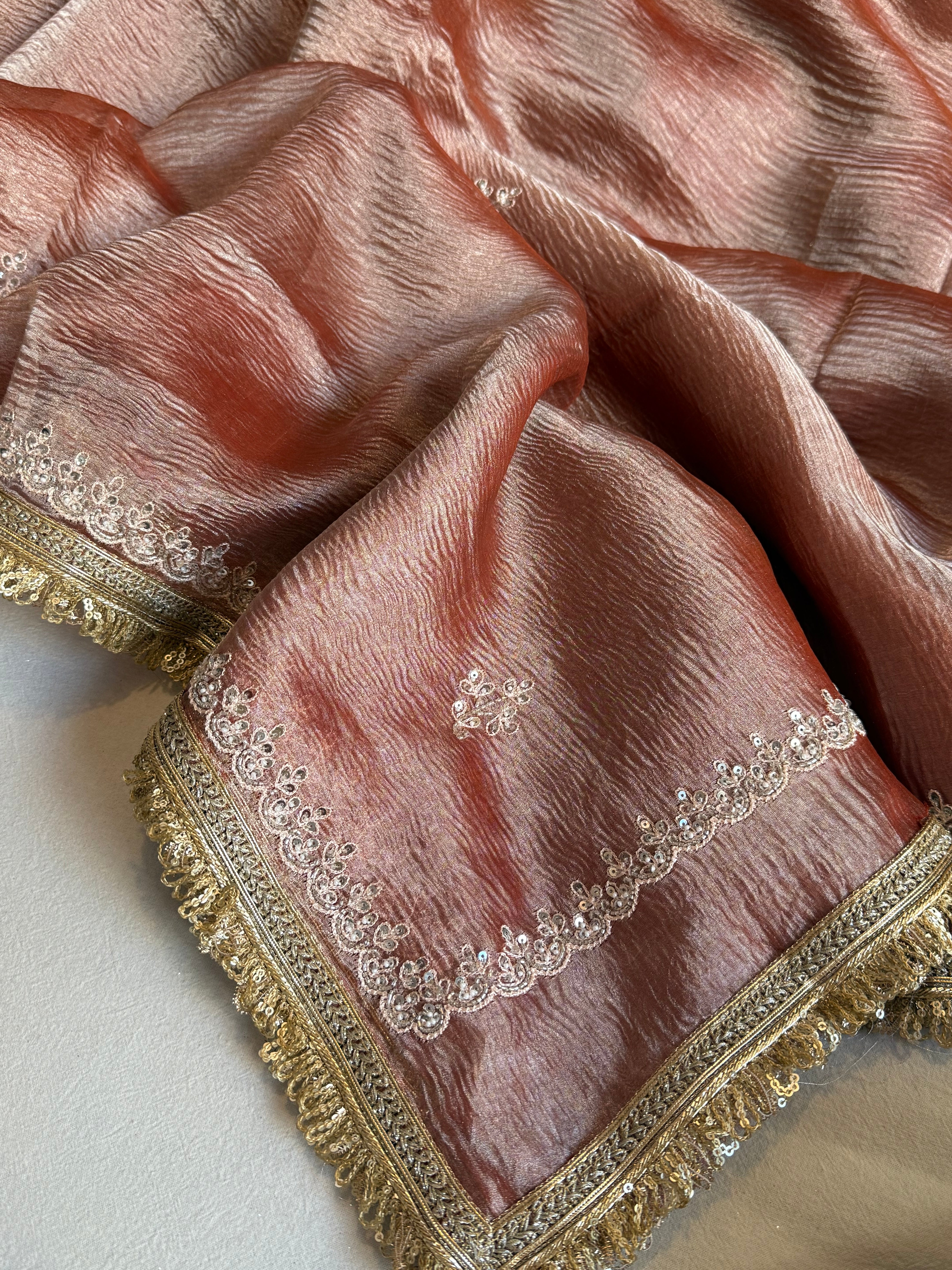 Crushed rose peach tissue silk hand embroidered kadhwa saree