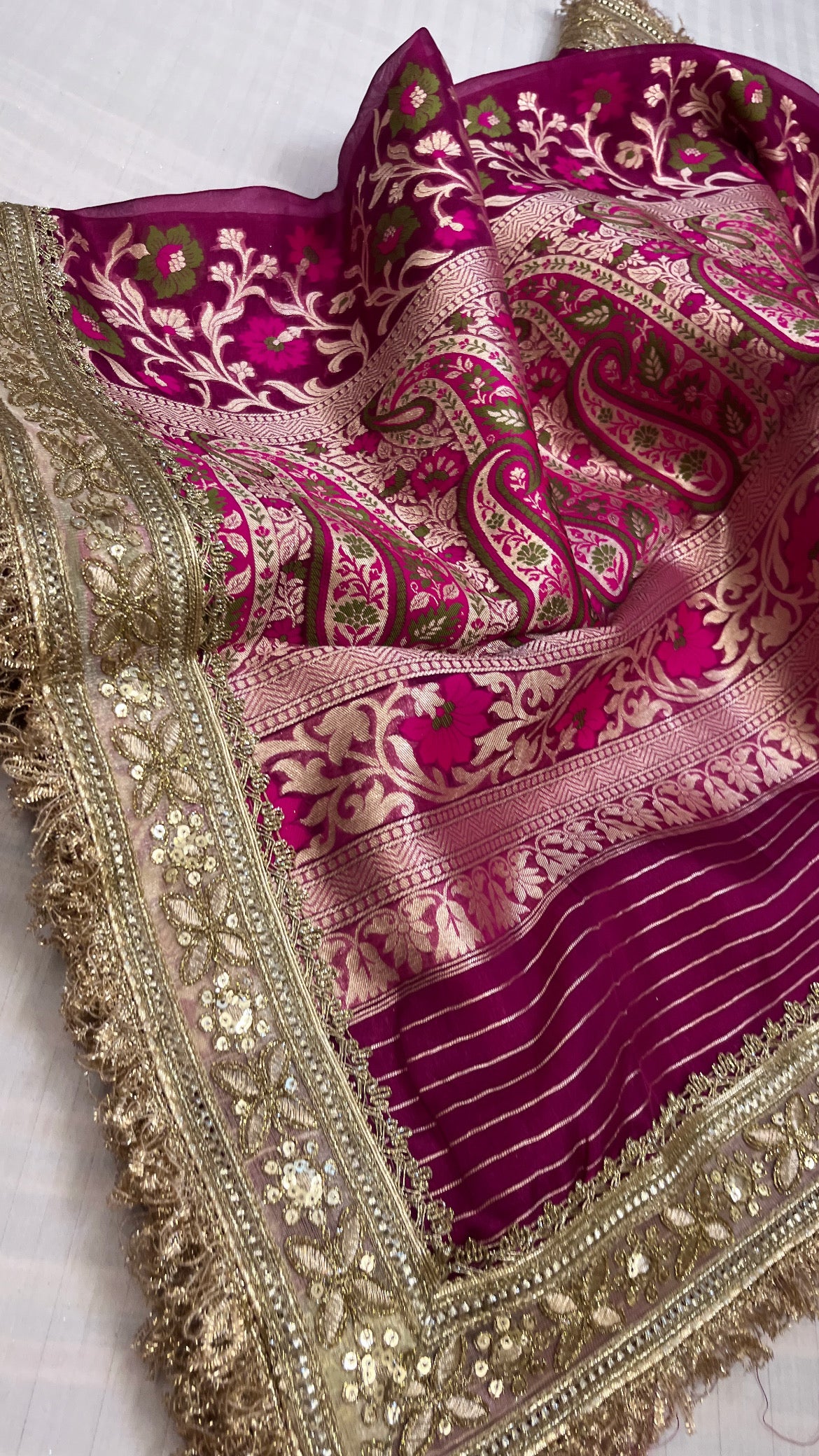 Maharani cranberry pink tissue tanchoi jamevar meenkari saree