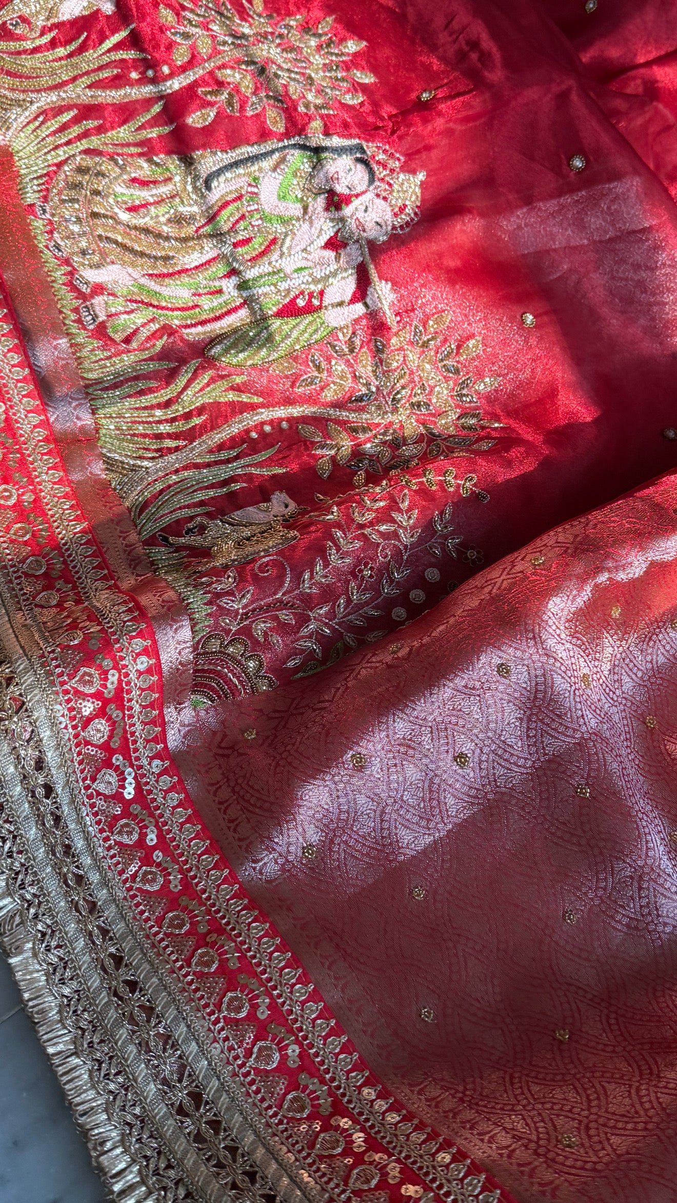 Teej special - Blood metallic red radha krishna hand embroidered kadhwa saree