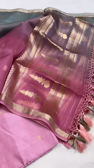 Pure Banarasi rose pink chiniya silk kadhwa buti kadhwa suit set paired kora silk  kadhwa work ombre shaded duppata and bottom set