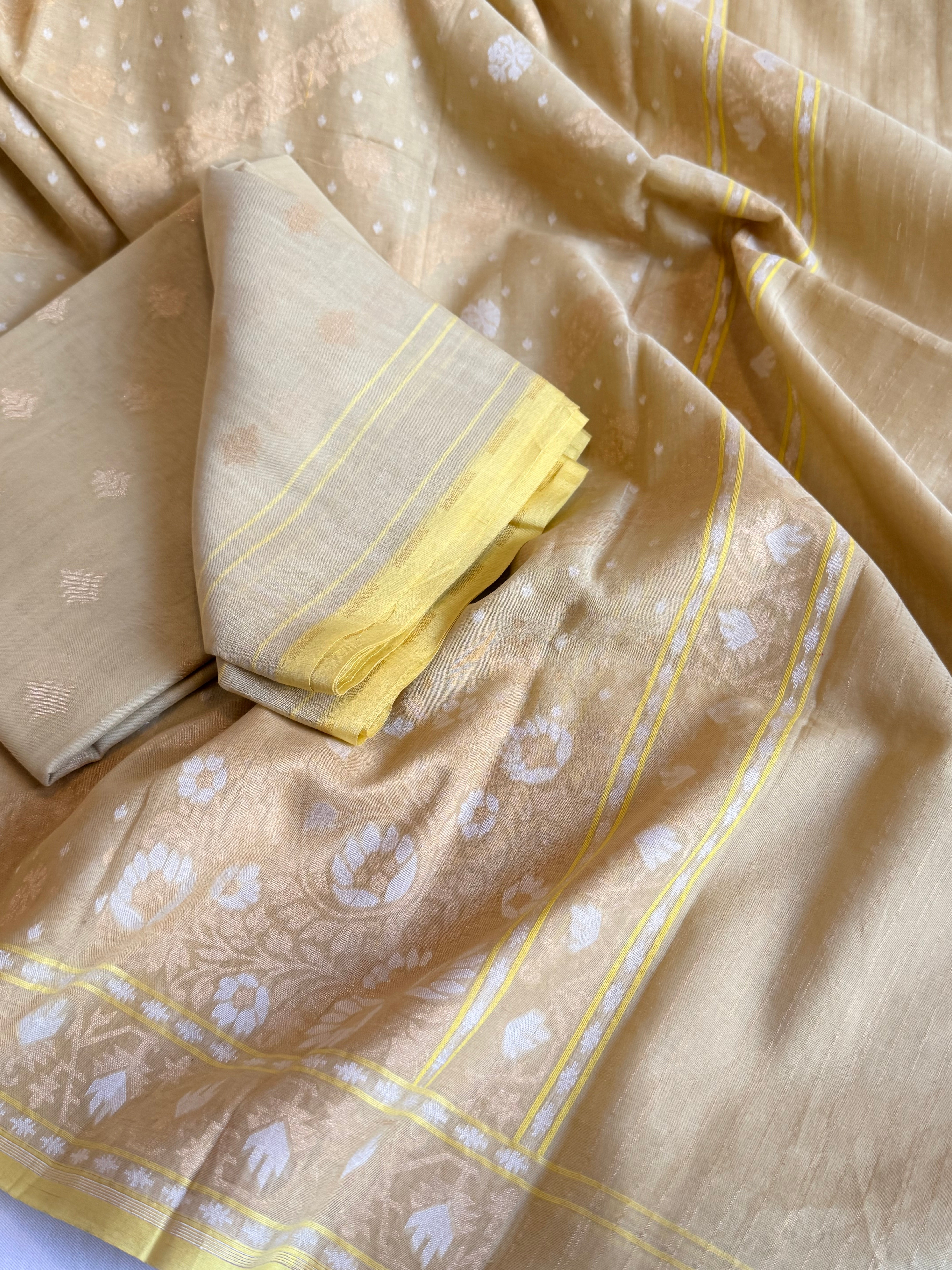 Iktara jamdani kadhwa sona rupa weaving banarasi mul cotton suit set