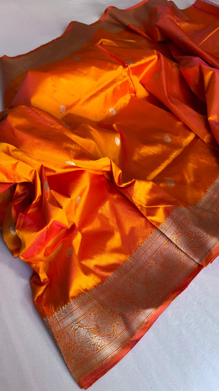 Banarasi deep fanta orange katan kadhwa silk suit set