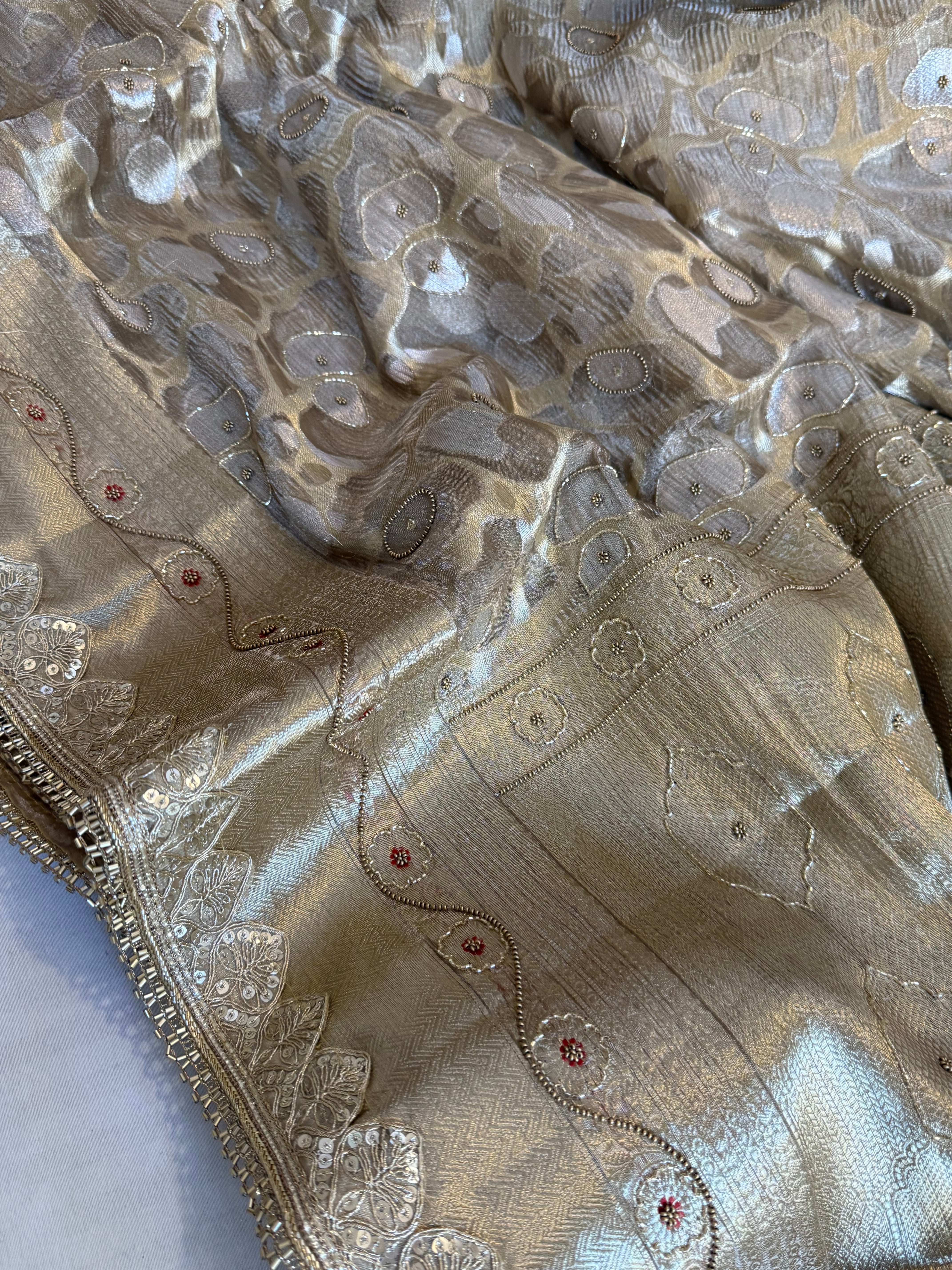 Mehfil sona rupa crushed tissue silk hand embroidered kadhwa saree