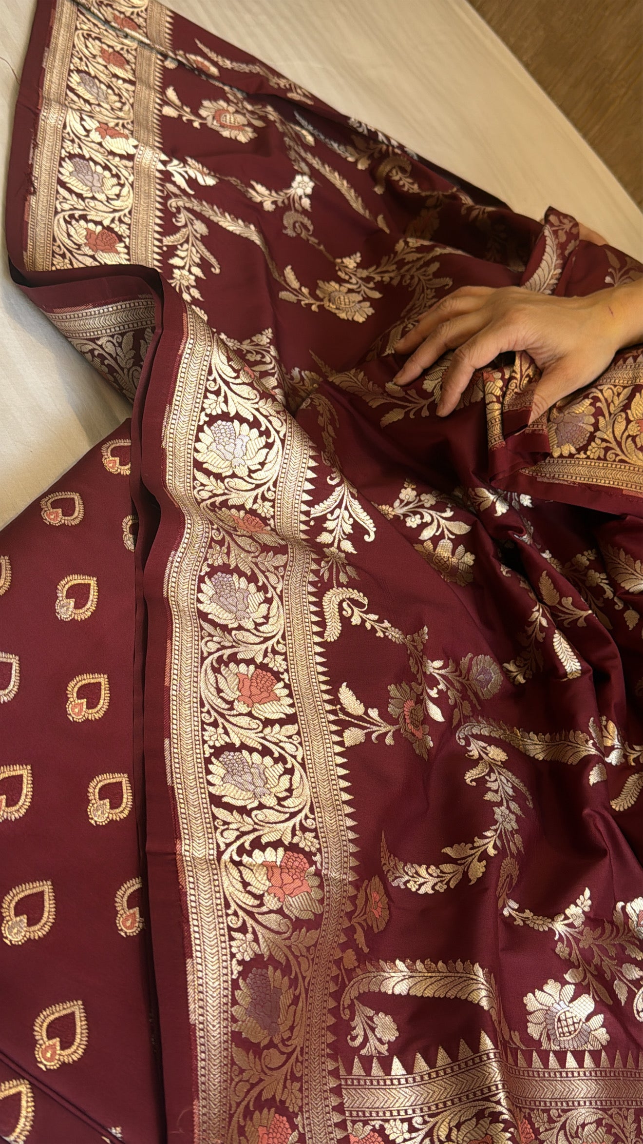 Deep maroonish red mashru satin silk meenakari suit set