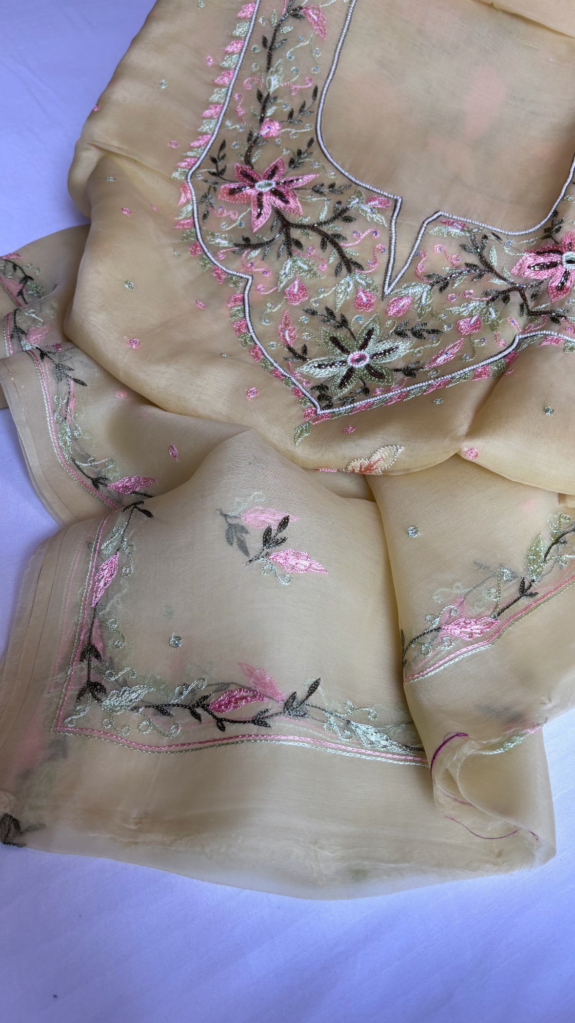 Lime green kora silk resham chikankari hand embroidered suit set