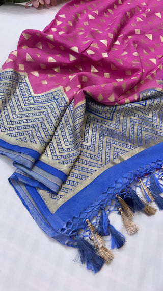 Moonga silk pink-blue contrast kadhwa duppata