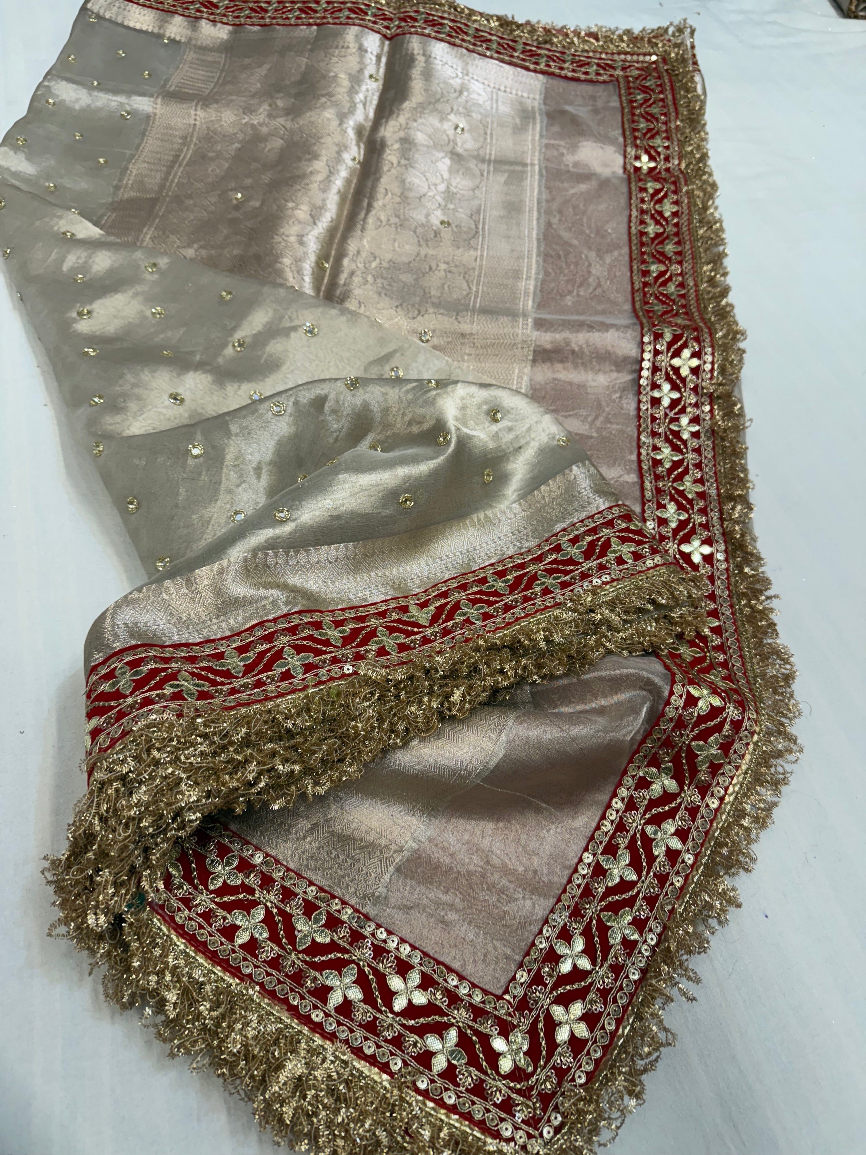 Diamond tissue silk chunri buti hand embroidered panetar saree