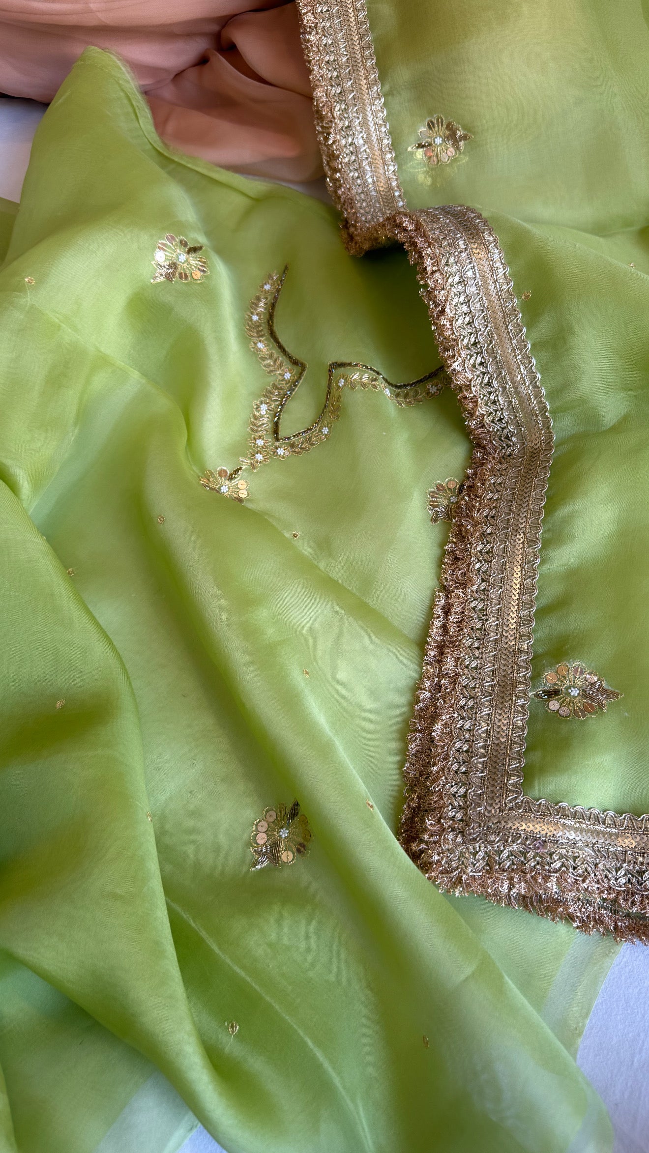 Aari and tilli kora silk hand embroidered grass green kadhwa suit set