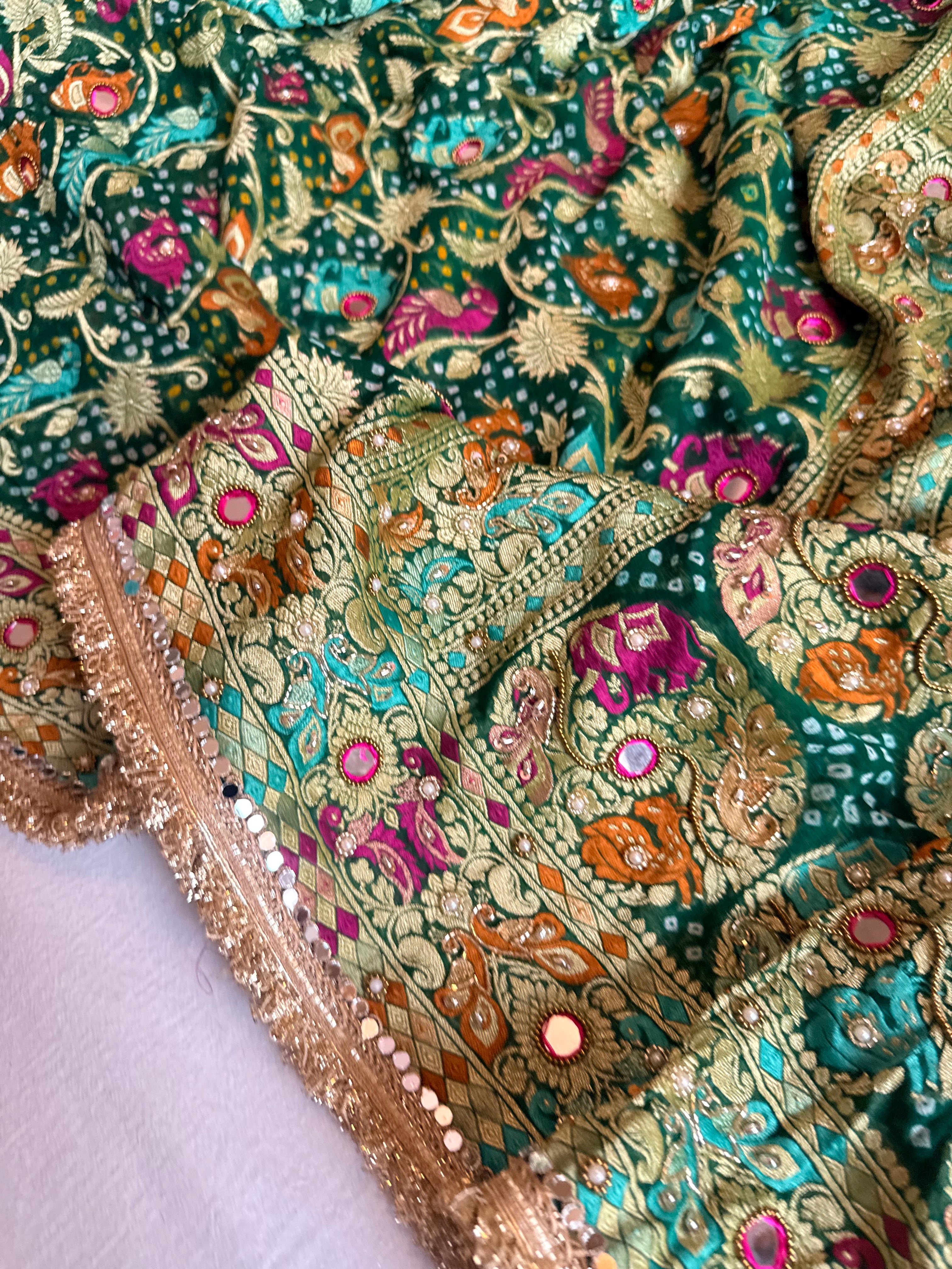 Banarasi chiffon gorgette rai bandhej kadhwa weaving hand embroidered saree