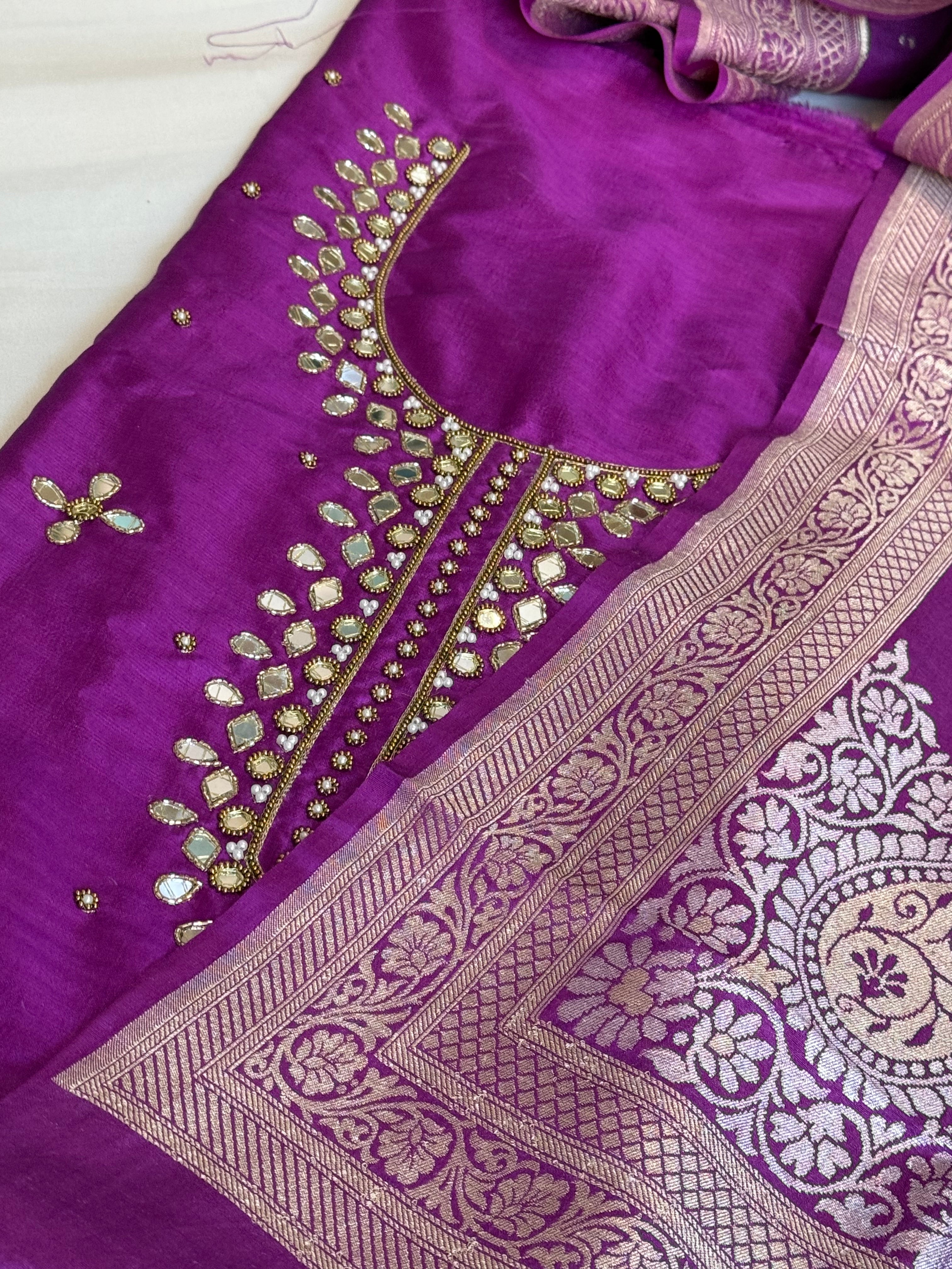 Sheesham deep purple mirror work hand embroidered katan silk kadhwa suit set