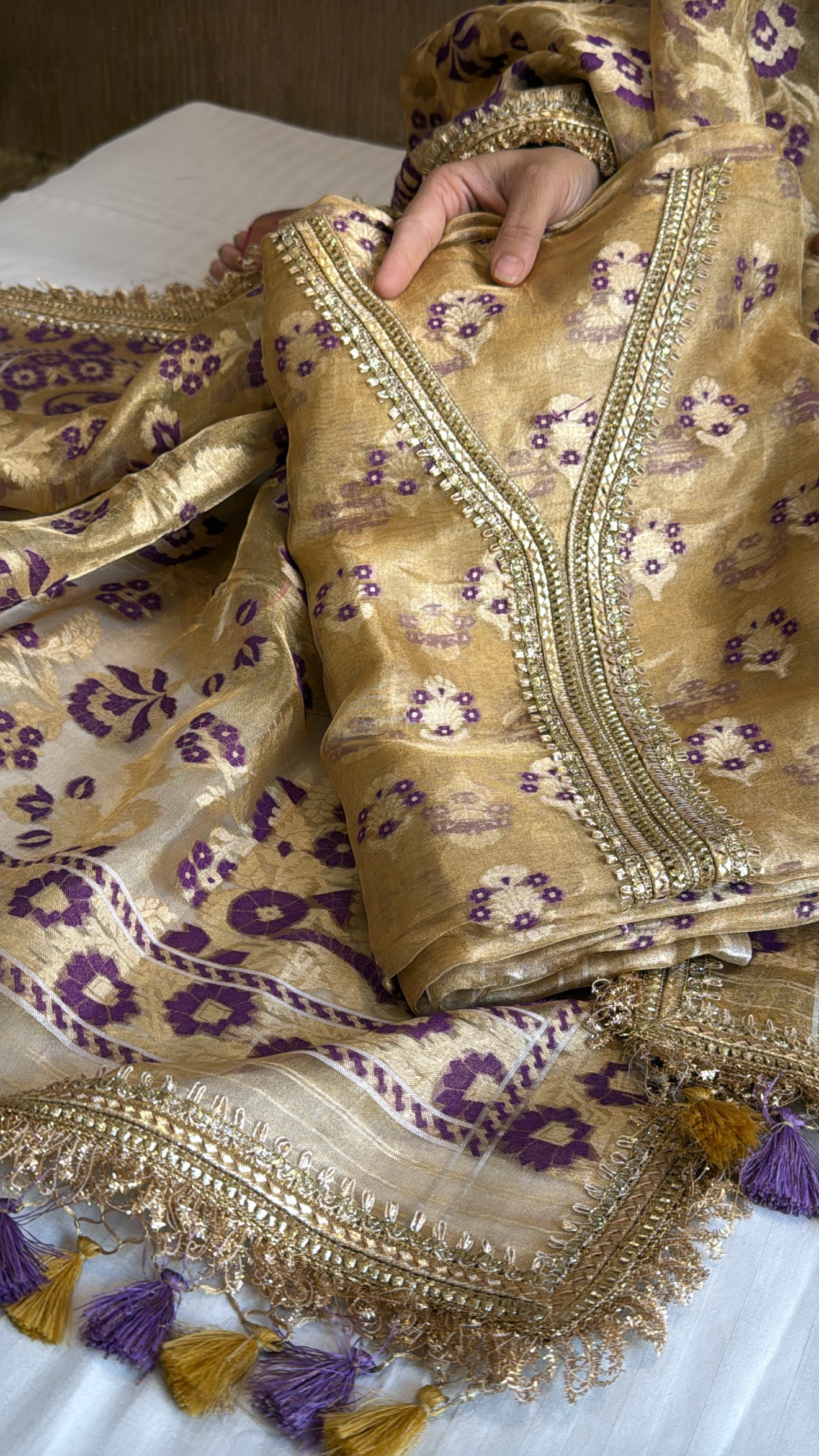 Vivah edit - Golden tissue silk jamdani weaving meenakari hand embroidered suit set