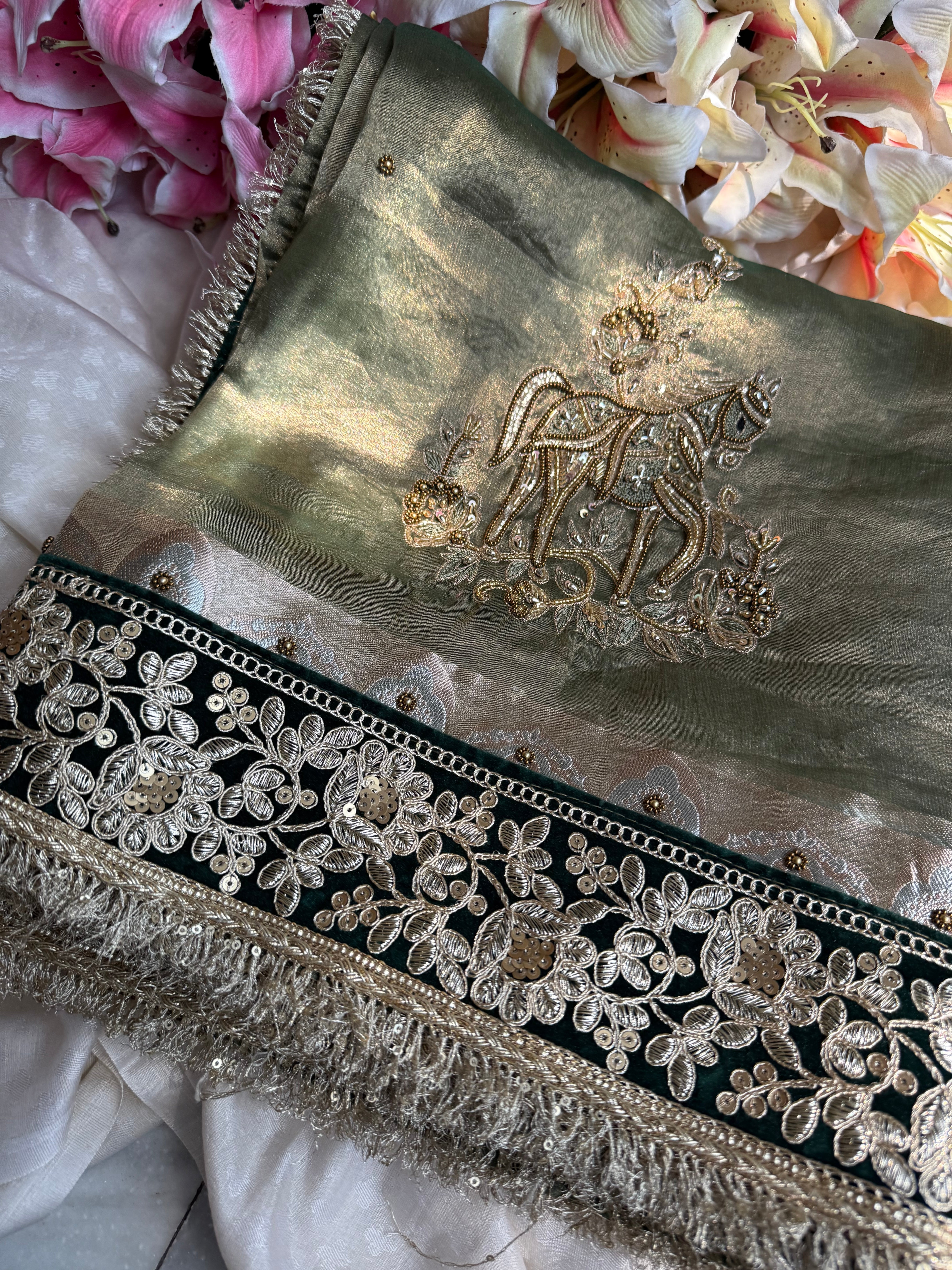 सुनहरा घोड़ा-  Royal horse motif tissue silk mint green hand embroidered saree