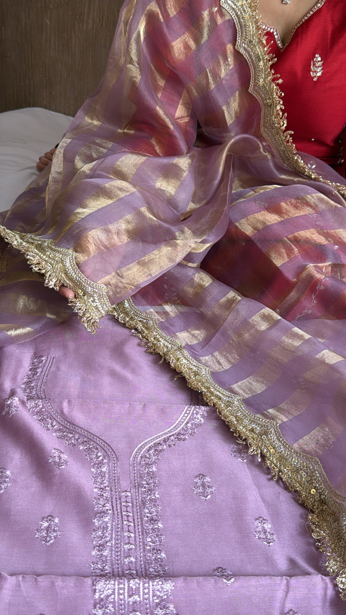 Banarasi cotton silk hand embroidered kurta paired with kora tissue striped duppata set