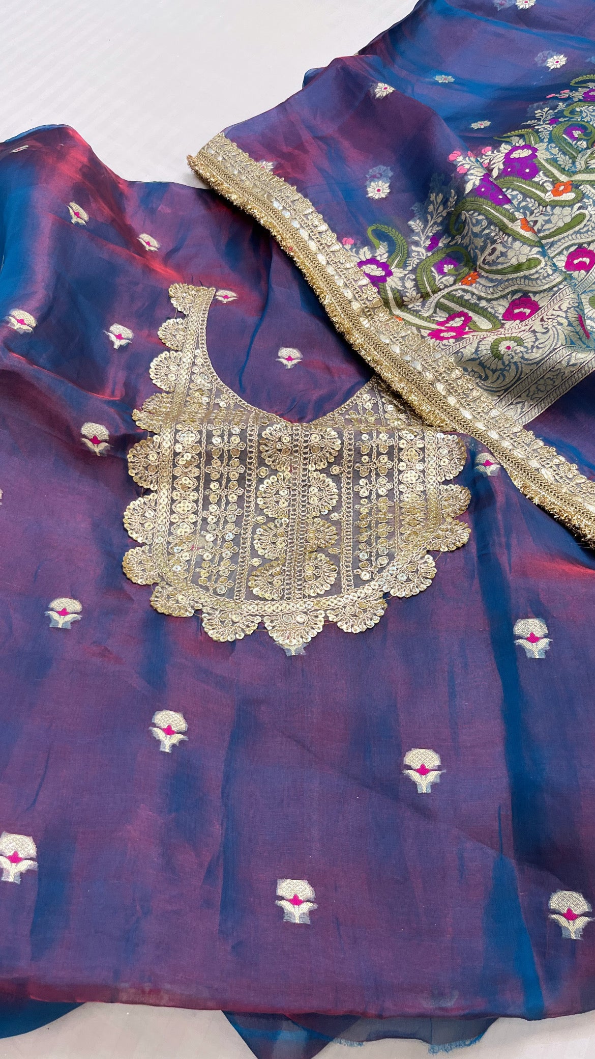Heeramandi ink purple dhup chao effect tissue silk meenakari suit set