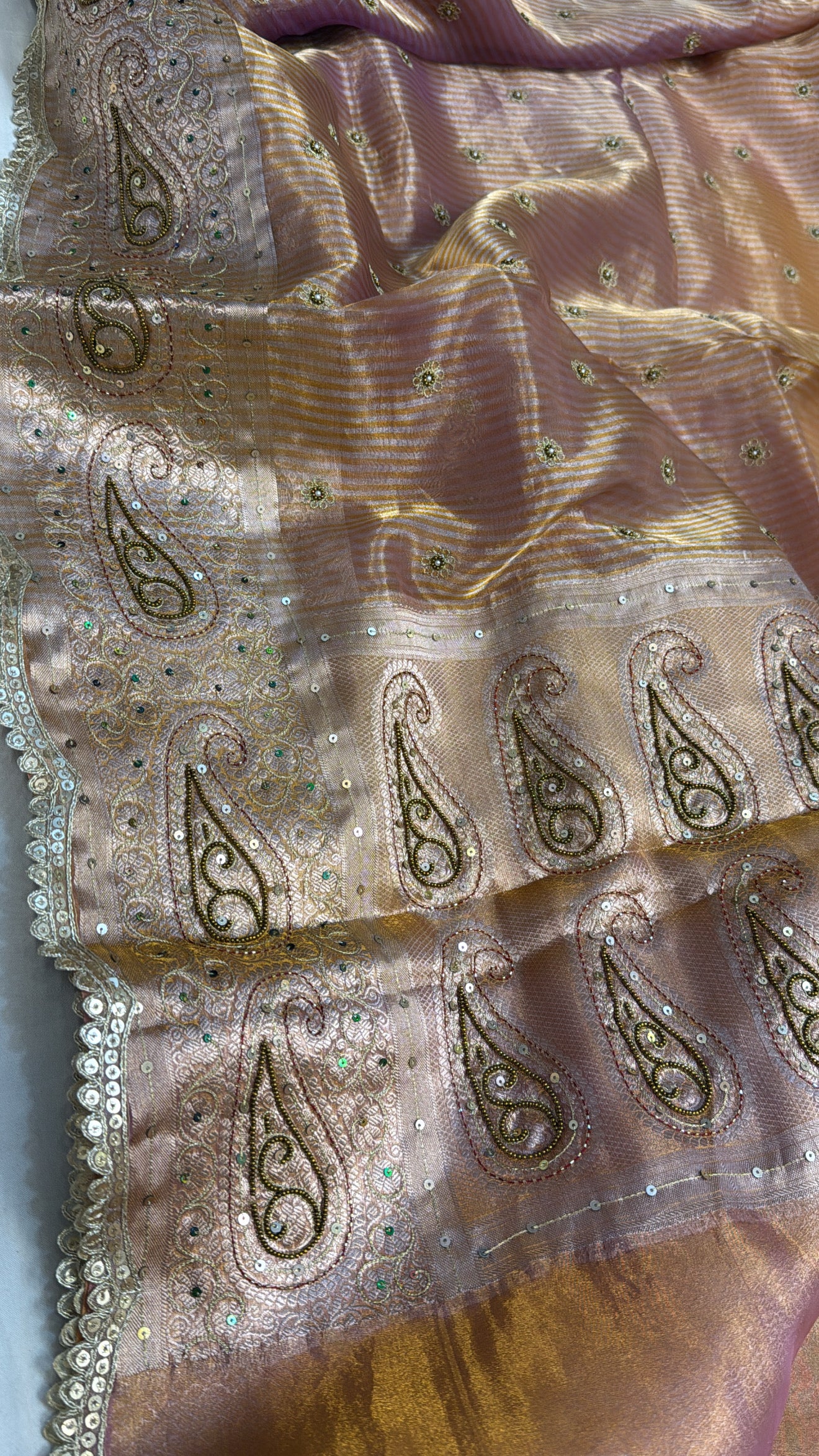 Blush peach-pink ombre shaded tissue silk hand embroidered kadhwa saree