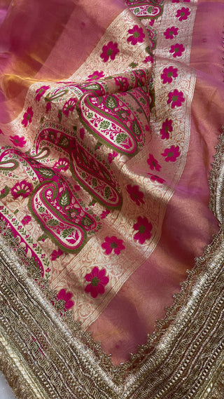 Maharani petal pink tissue tanchoi jamevar meenakari saree