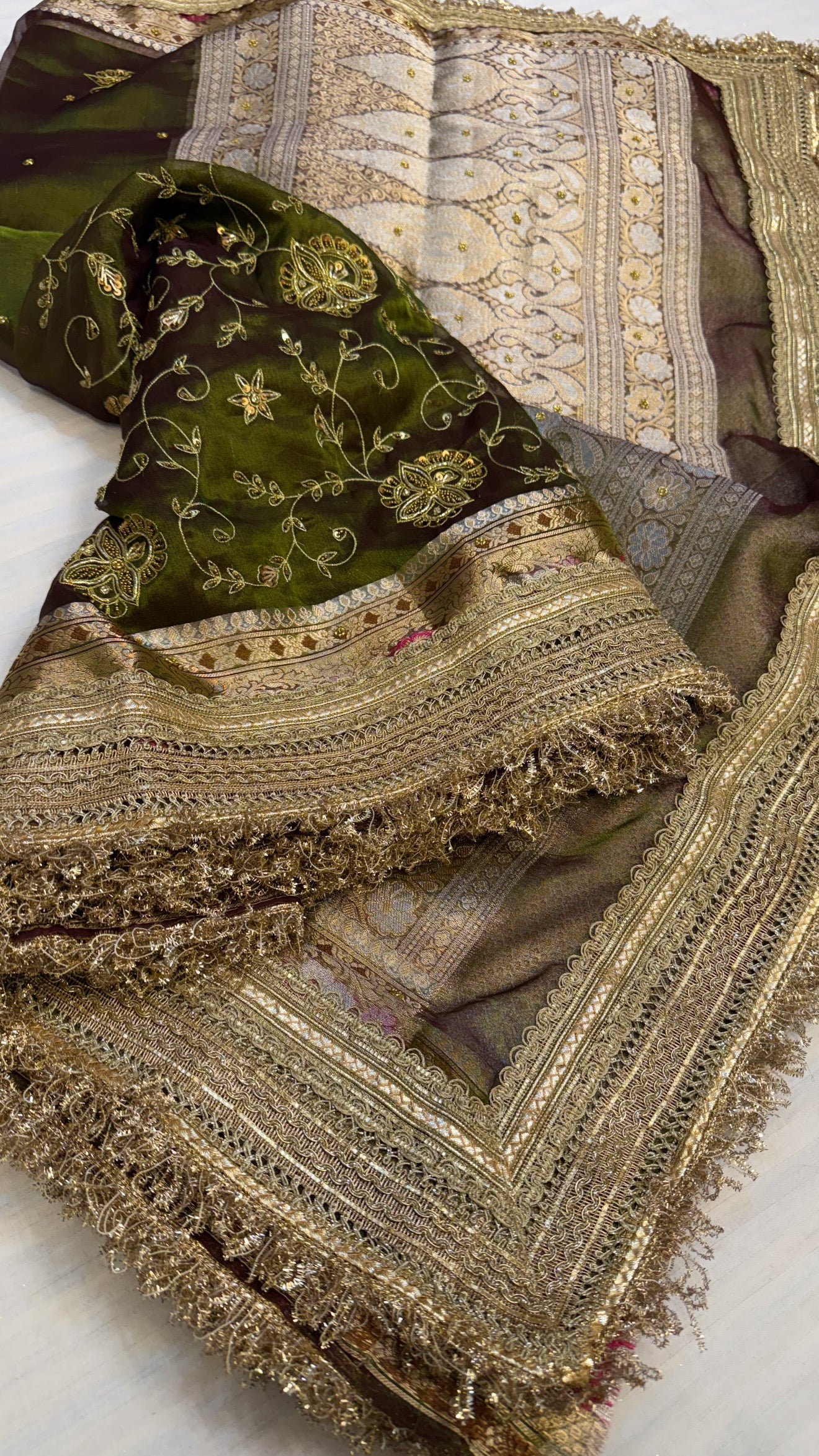 Trousseau edit — Mehendi green husn tissue silk hand embroidered saree