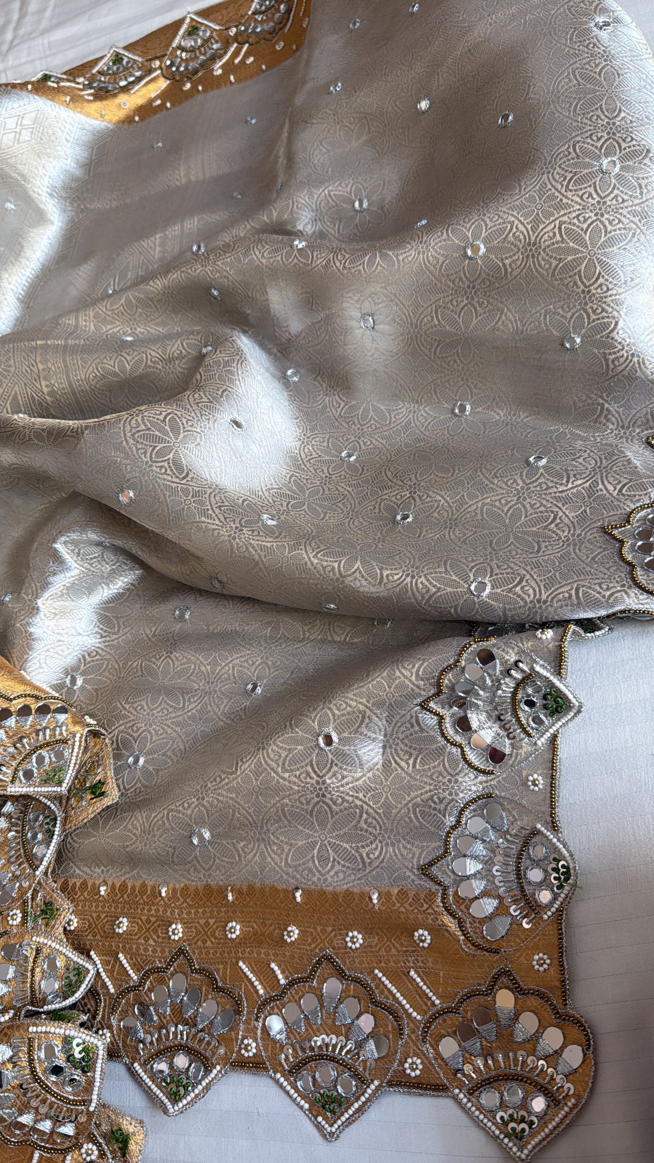 Kanjivaram inspired banarasi tissue silk sona rupa weaving zardozi and mirror work hand embroidered saree