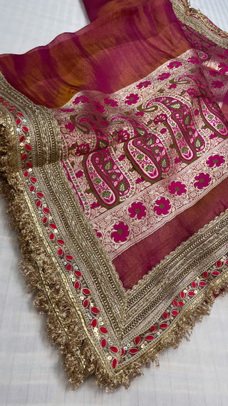 Maharani cherry pink tissue tanchoi jamevar meenakari saree