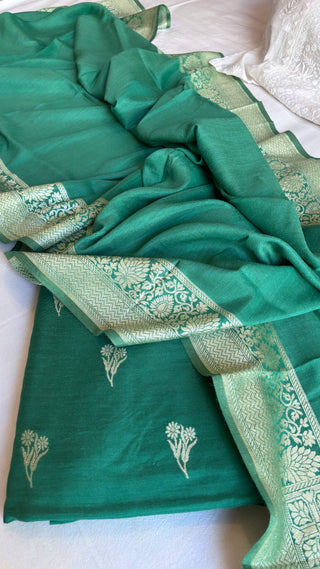 Bottle green moonga silk kadhwa meenedar suit set