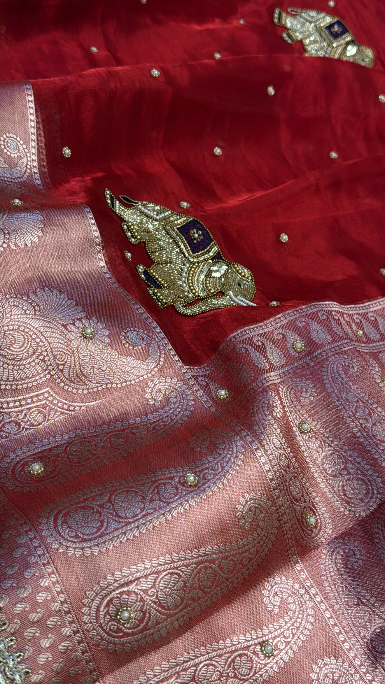 Bridal red husn tissue silk elephant motif hand embroidered saree