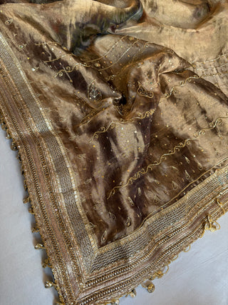 Printed tissue silk heavy hand embroidered kadhwa sarees