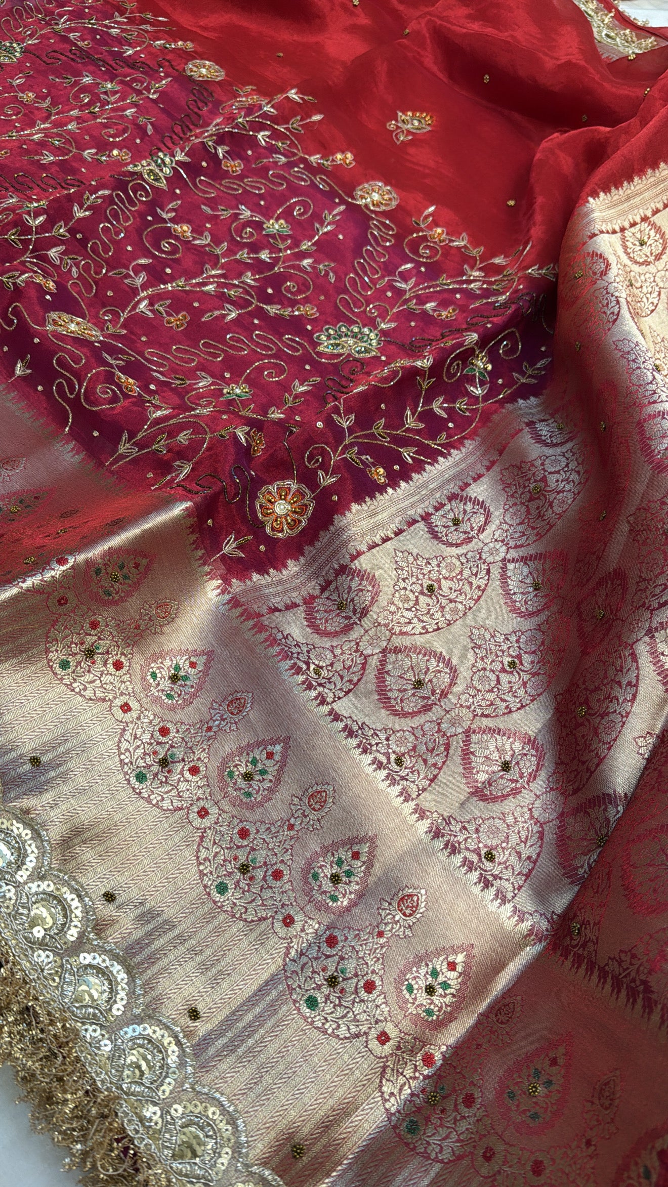 Metallic blood red tissue silk hand embroidered kadhwa weaving saree