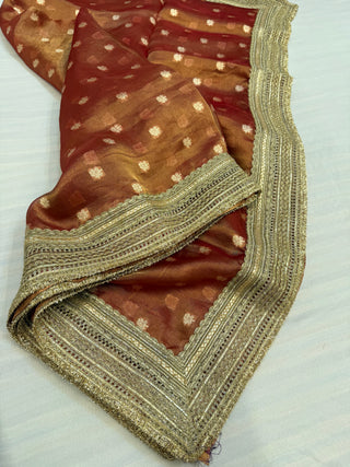 Rust red maharani tissue silk kadhwa buti saree