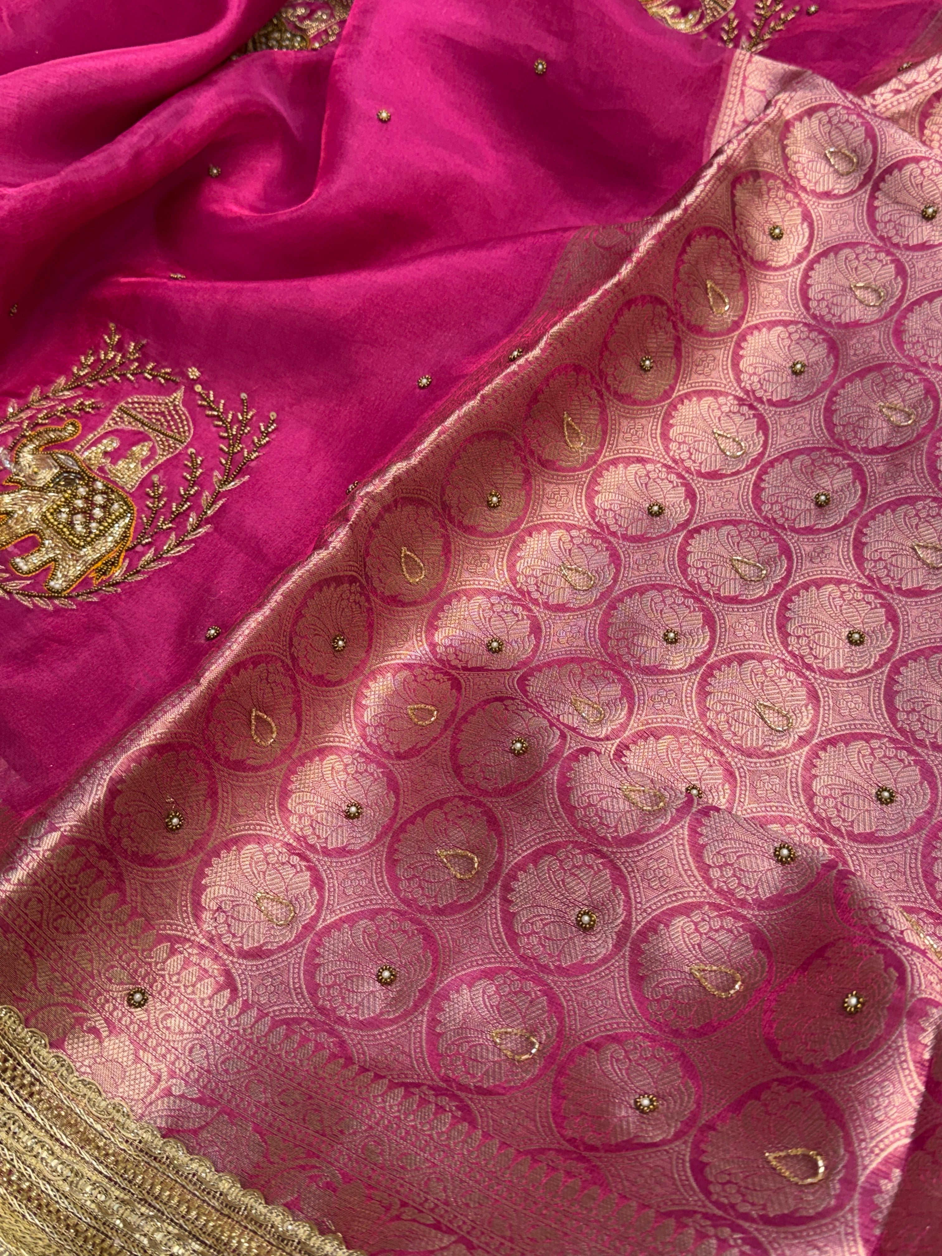 Karwachauth special - Hot pink tissue silk elephant motif hand embroidered kadhwa saree