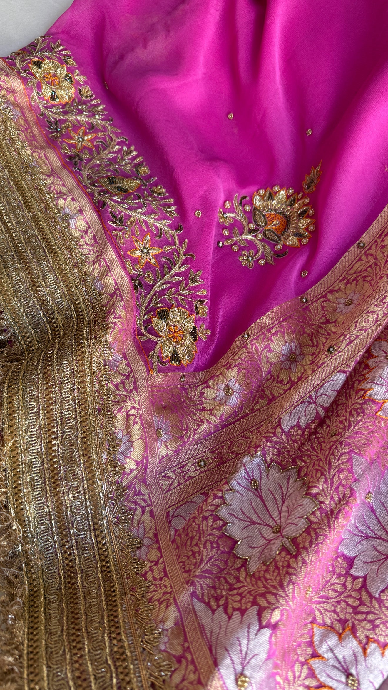 Hot pink gorgette kadhwa hand embroidered sona rupa saree