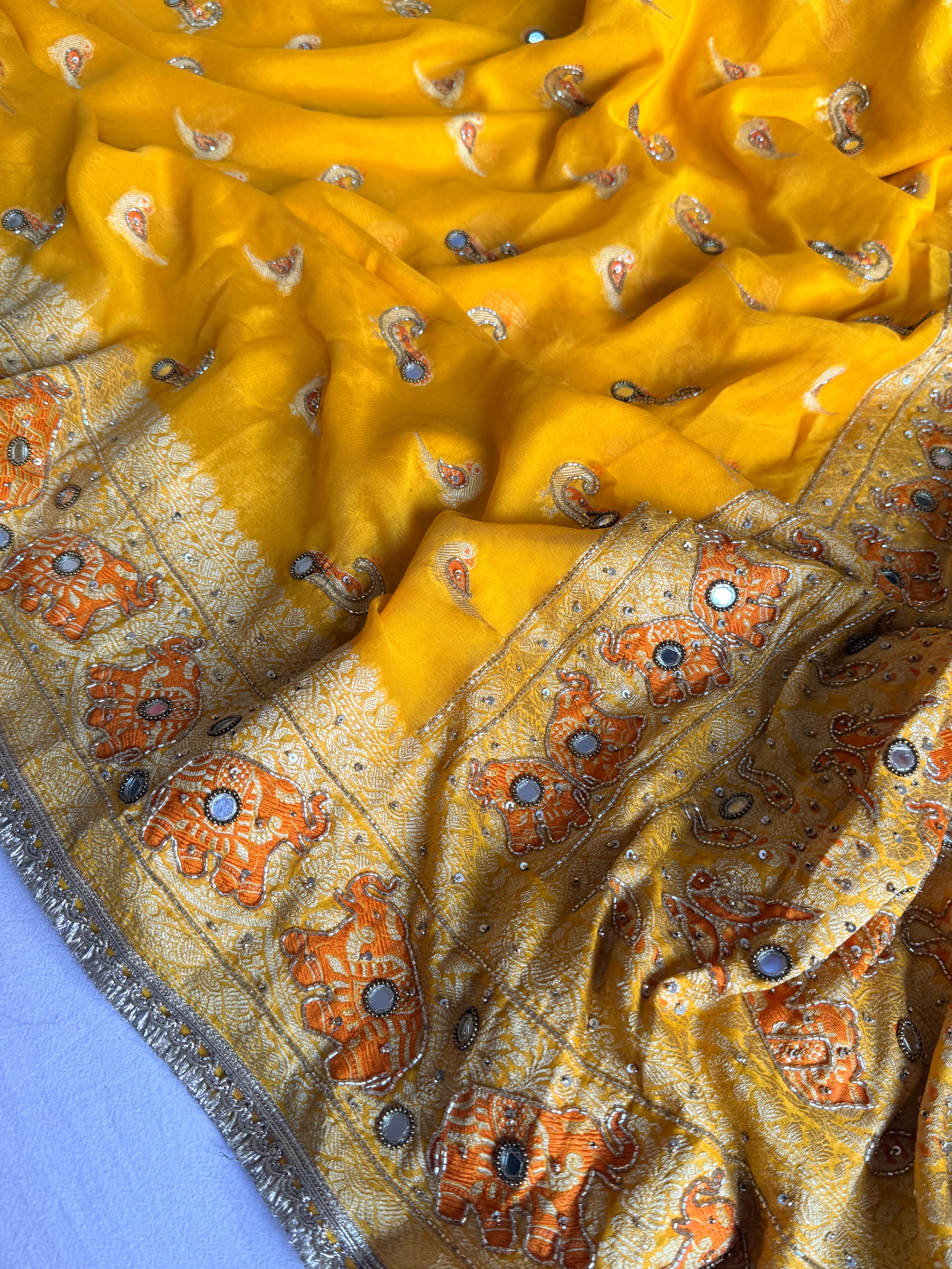 Banarasi chiffon gorgette kadhwa weaving hand embroidered saree