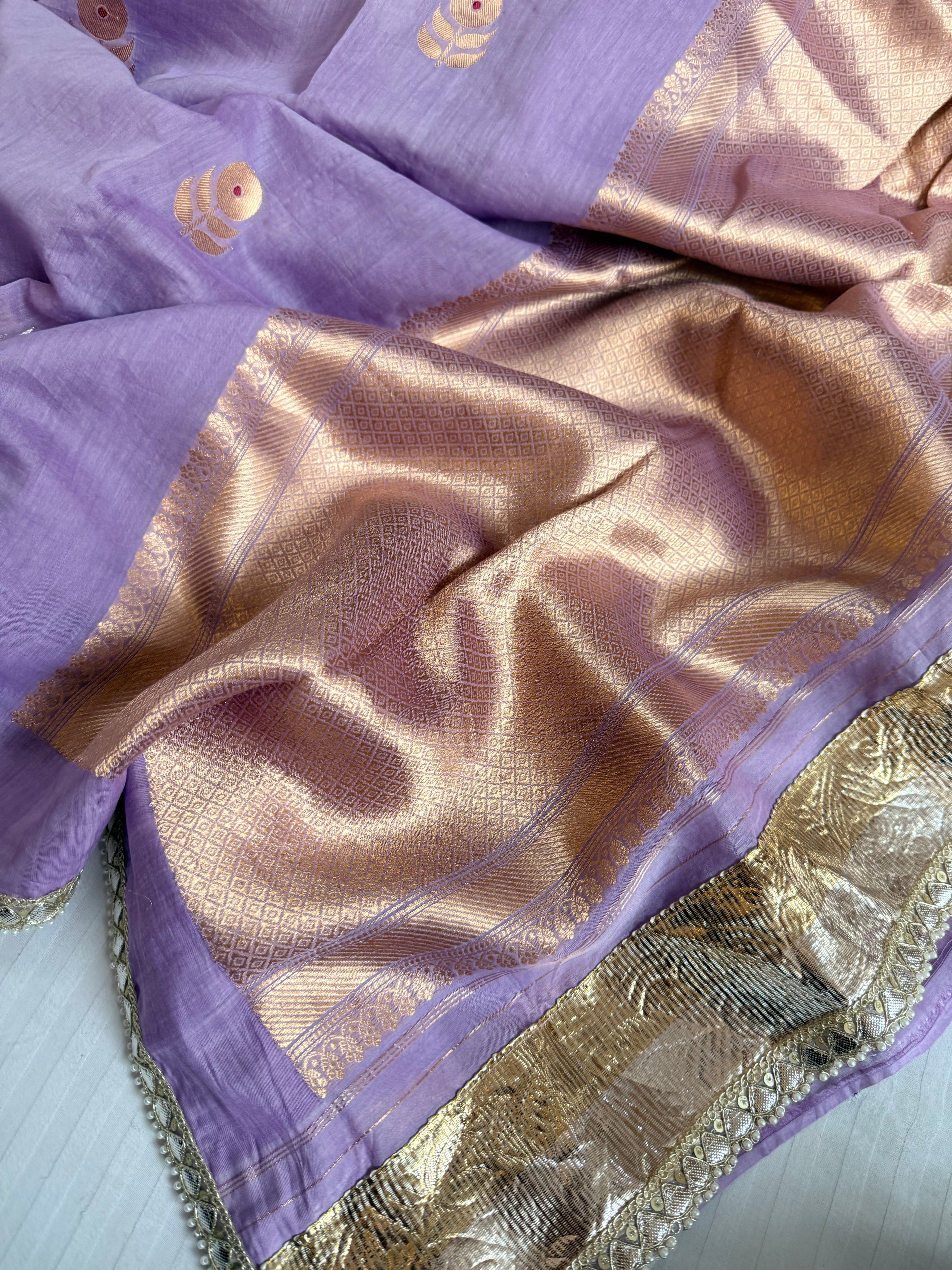 Handloom mulmul cotton silk sarees with lampi gota border