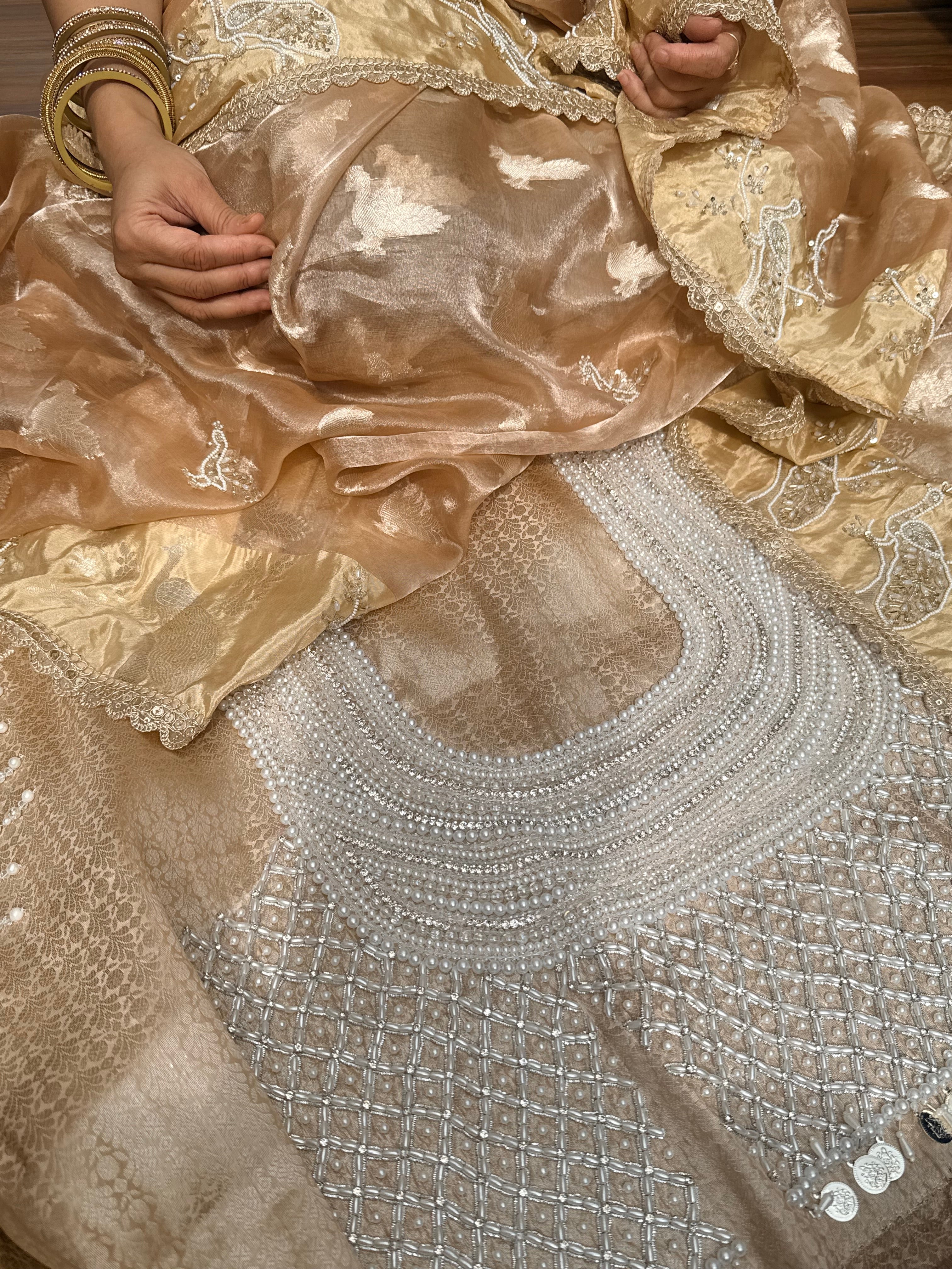 Tyohaar edit - Pearlwork morni hand embroidered tissue silk kadhwa saree