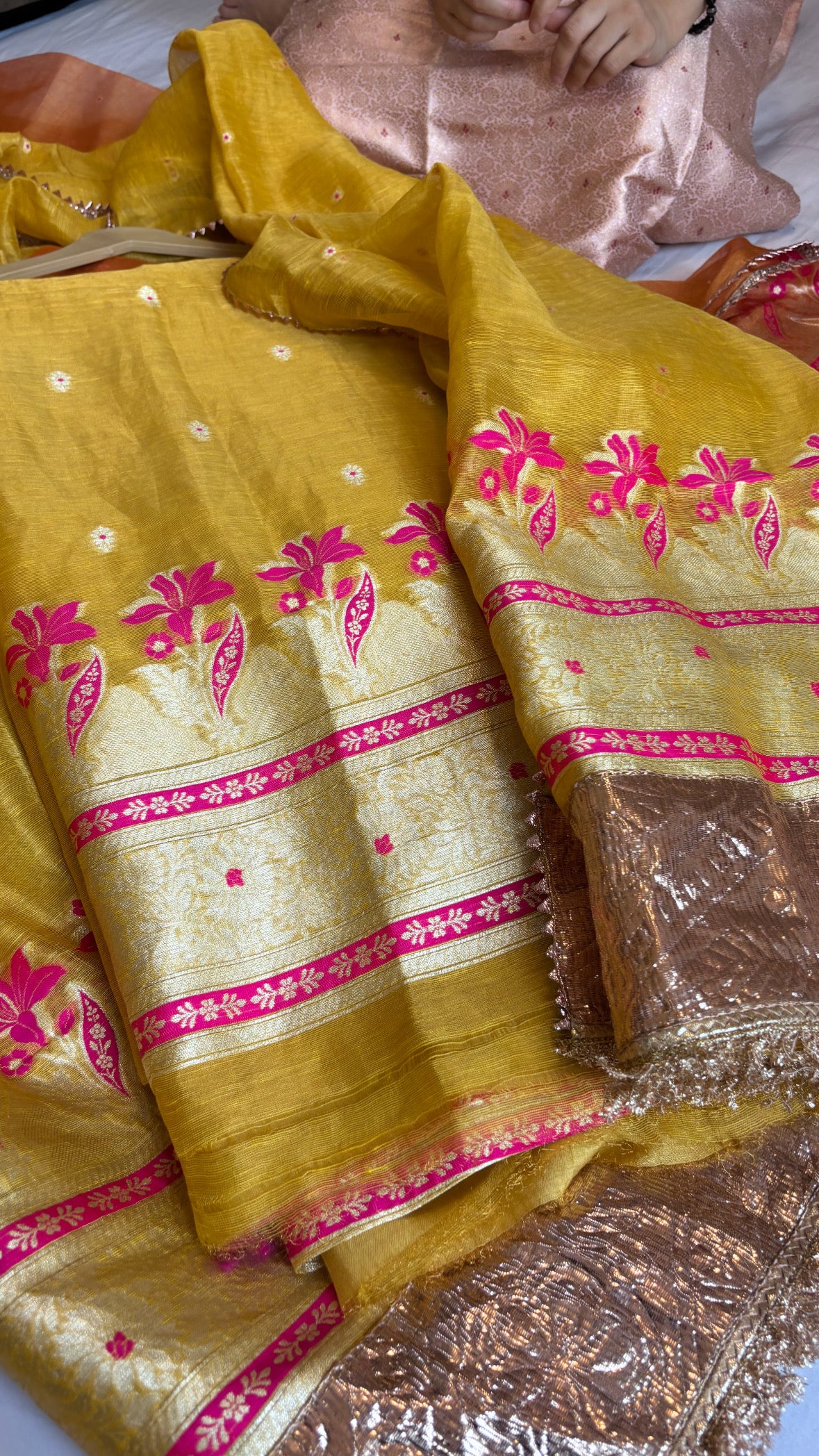 Haldi yellow linen tissue silk suit set