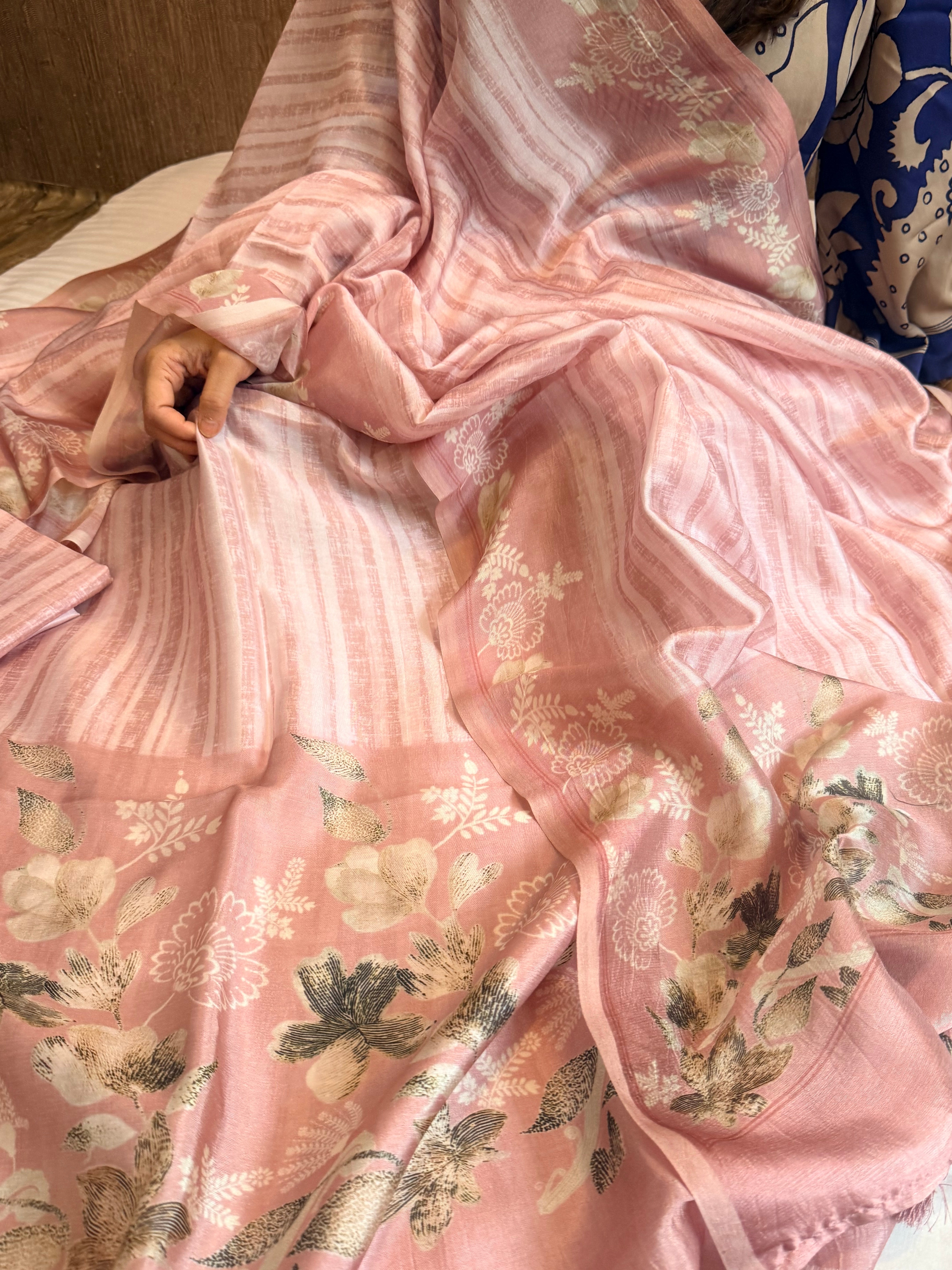 Printed spun chiniya silk kadhwa weaving suit set