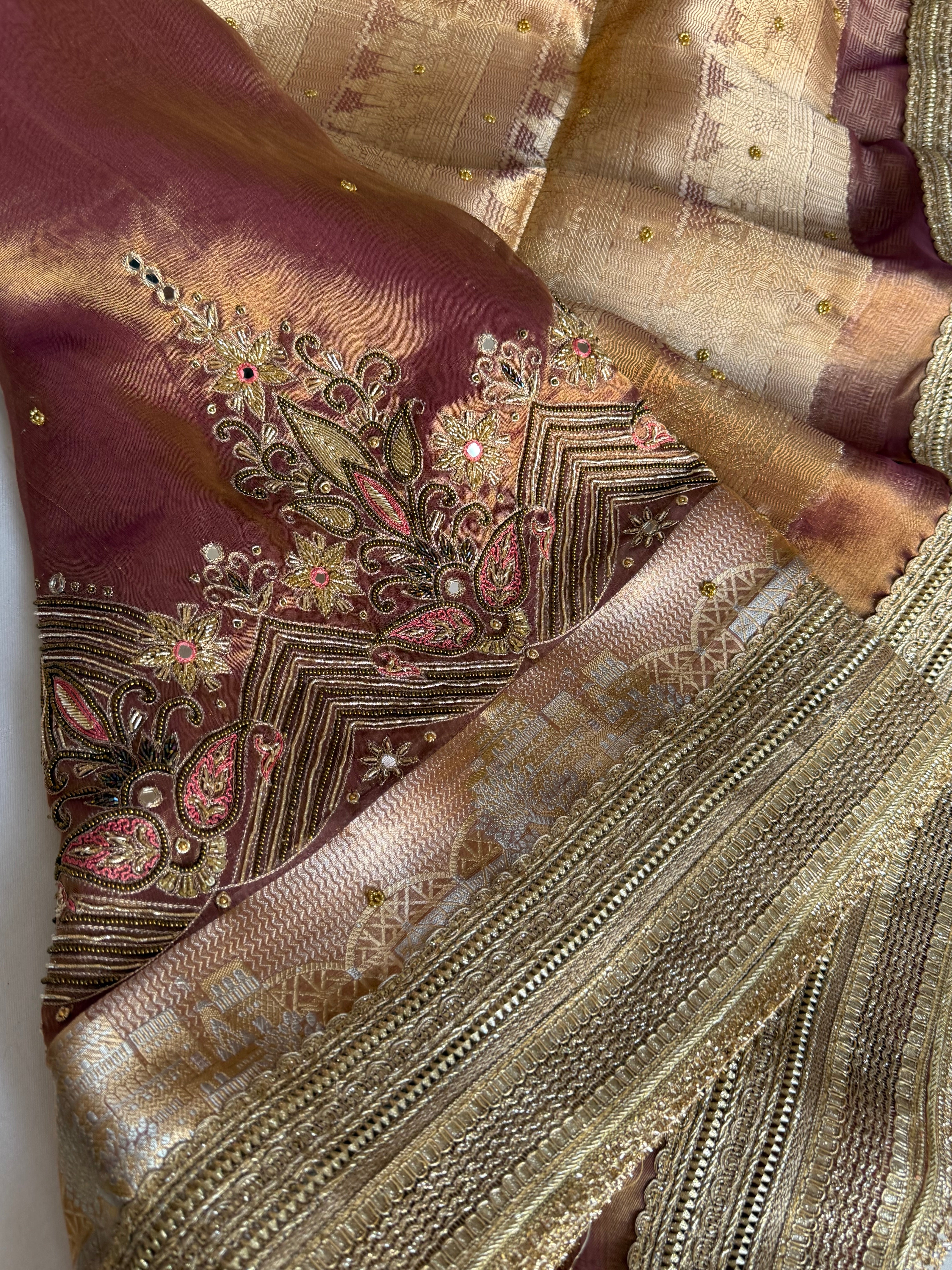 Mughal motif inspired- Kanjivaram purple dhup chao effect husn tissue silk hand embroidered saree