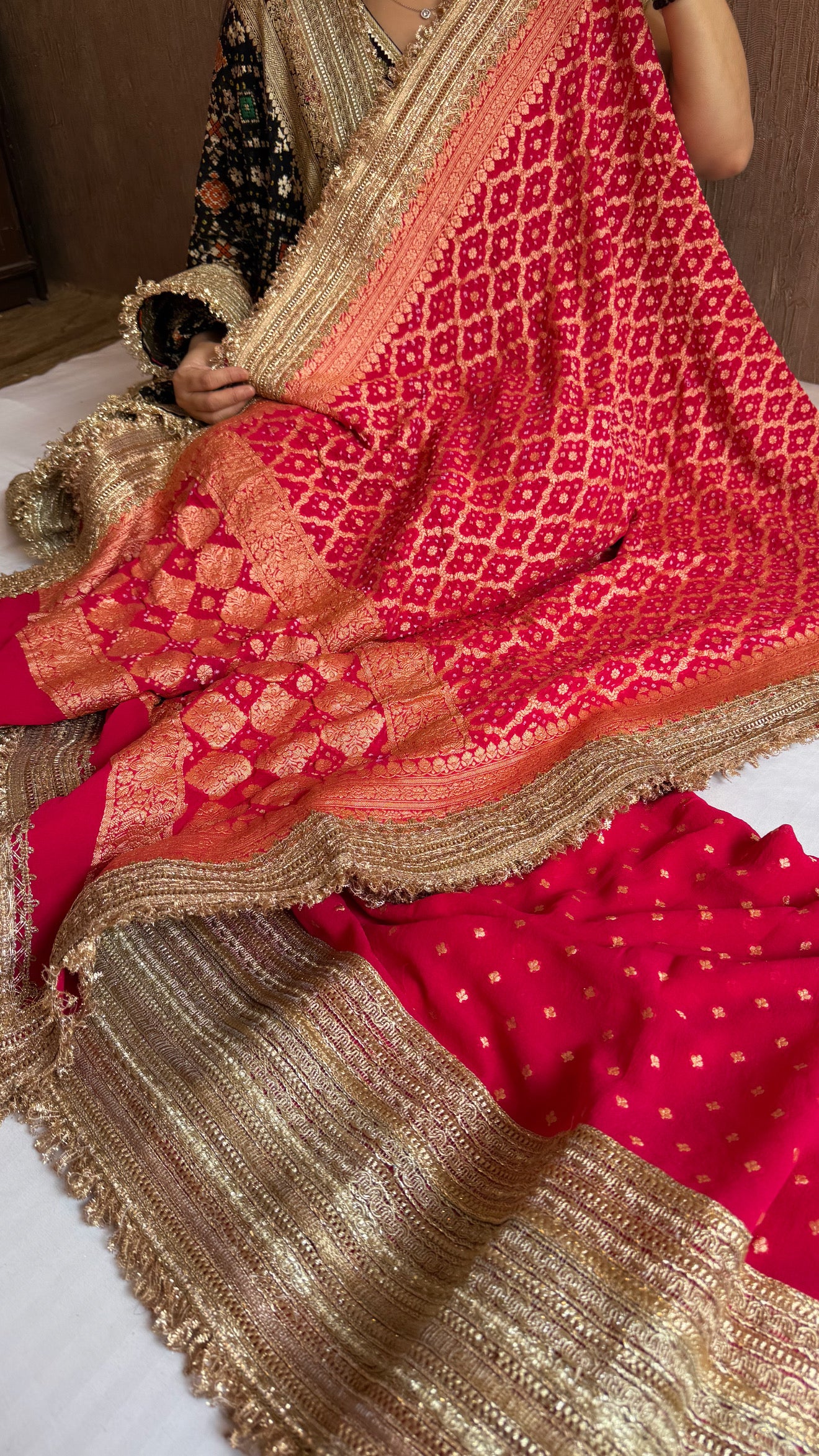 Rani pink banarasi rai bandhej gorgette gotapatti suit set