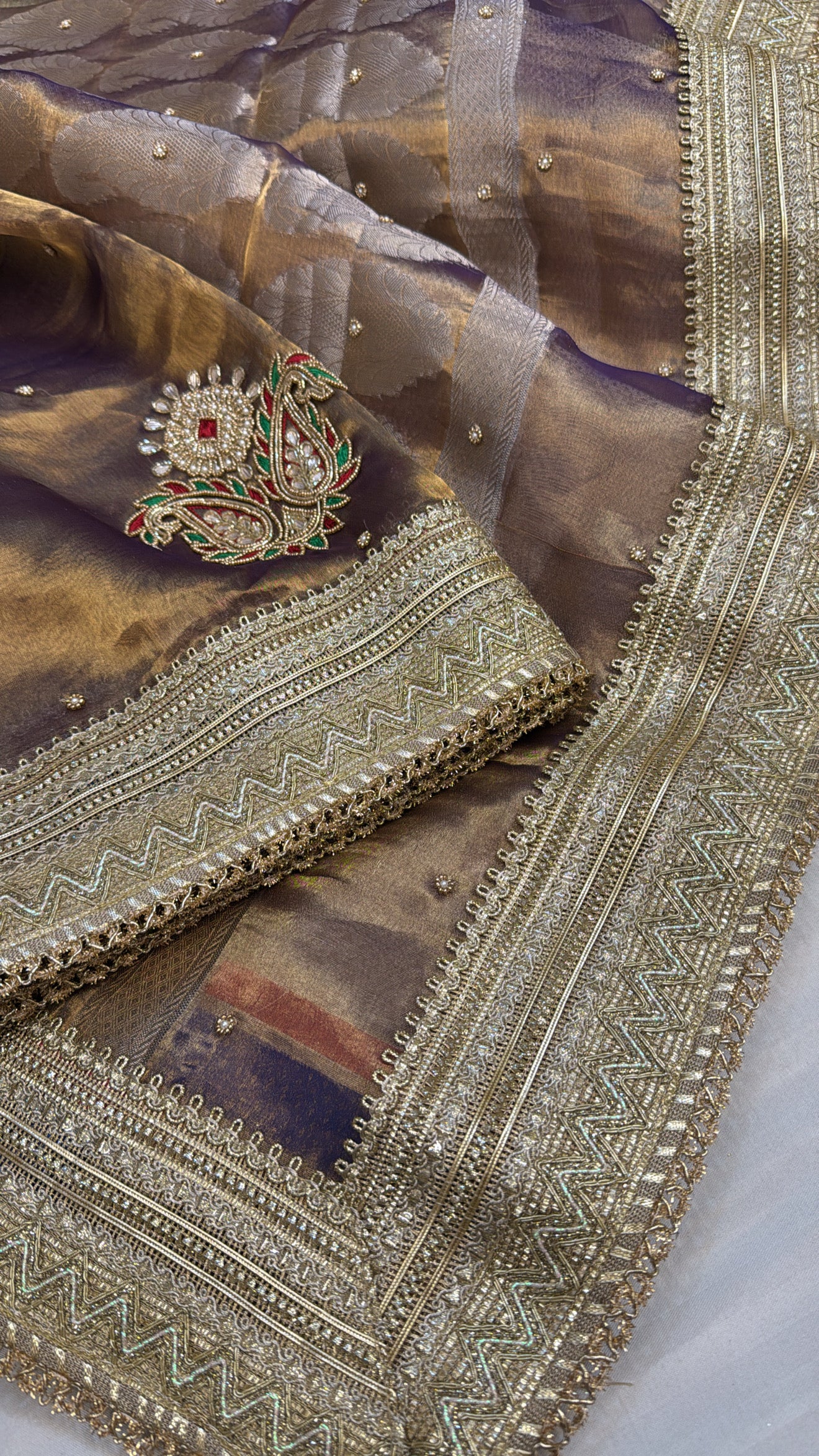 Dulhan wali saree - Royal purple-gold dhup chao effect tissue silk hand embroidered saree