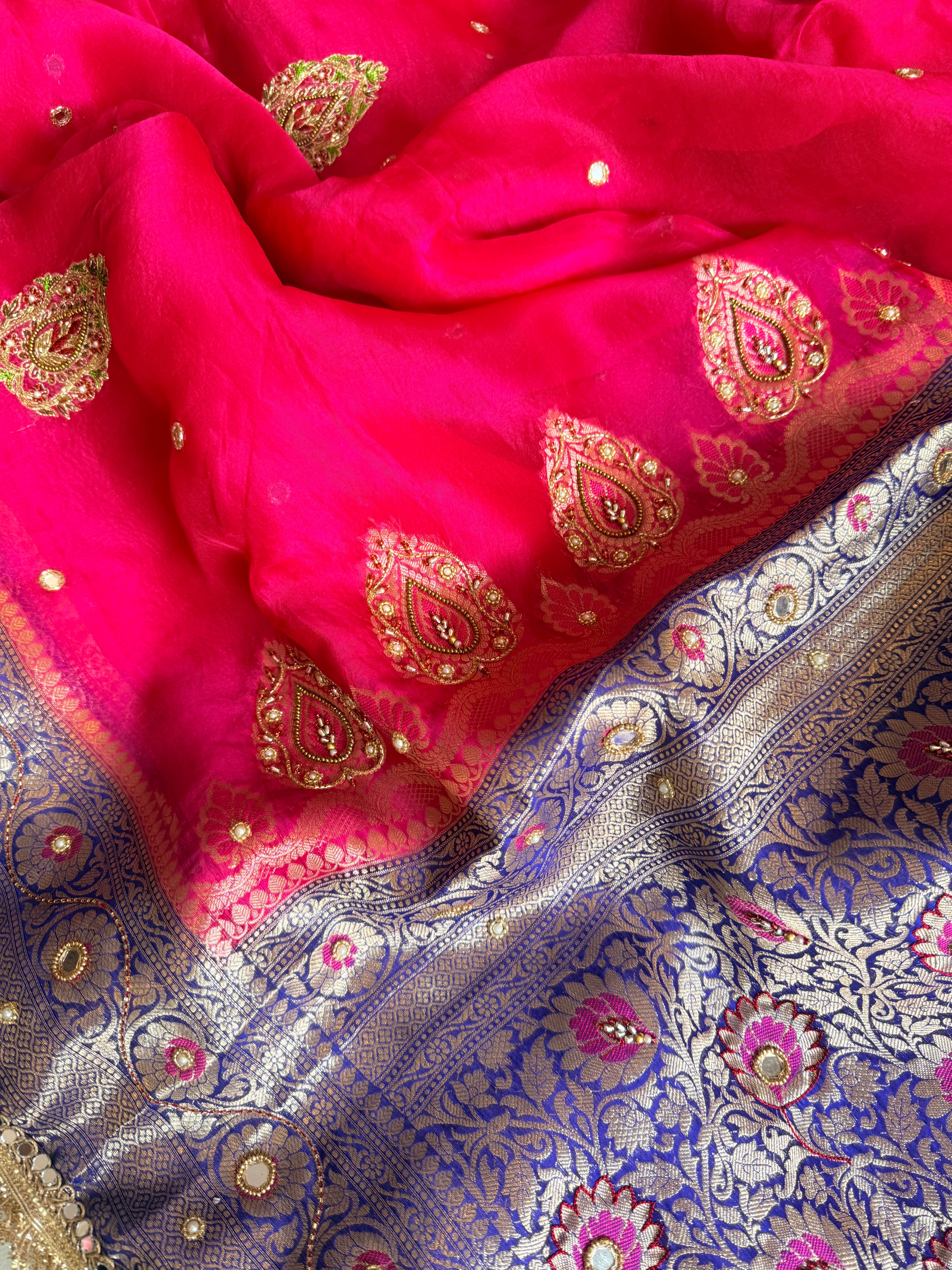 Husn ganga jamuna contrast border kora silk hand embroidered saree