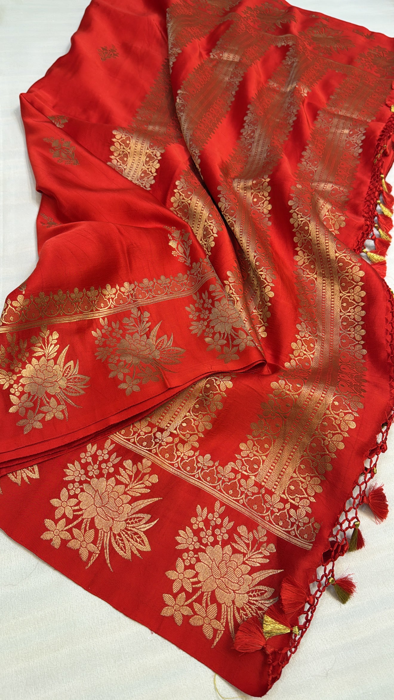 Mashru satin silk crimson red shade banarasi saree