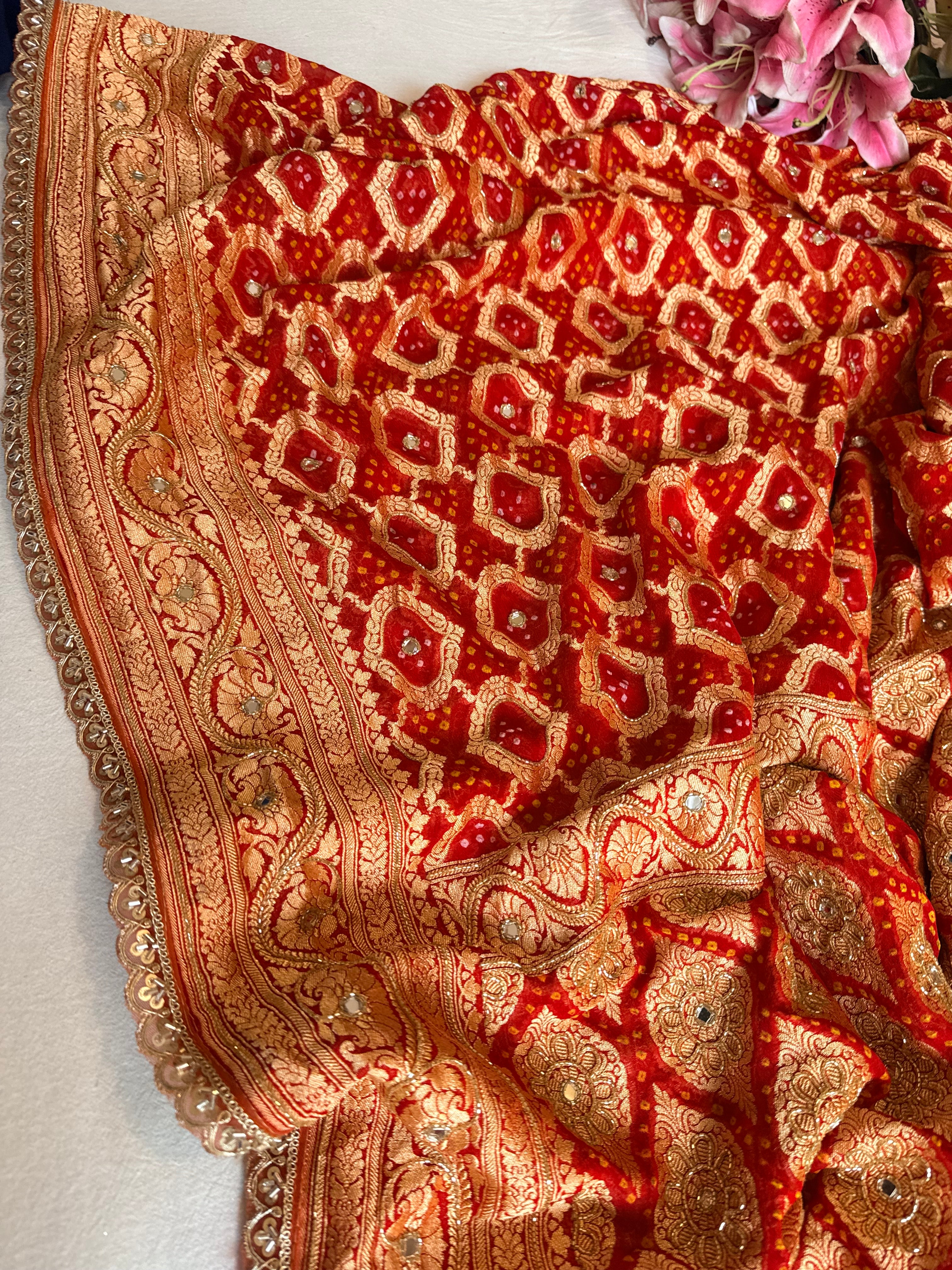 Banarasi chiffon gorgette rai bandhej kadhwa weaving hand embroidered saree
