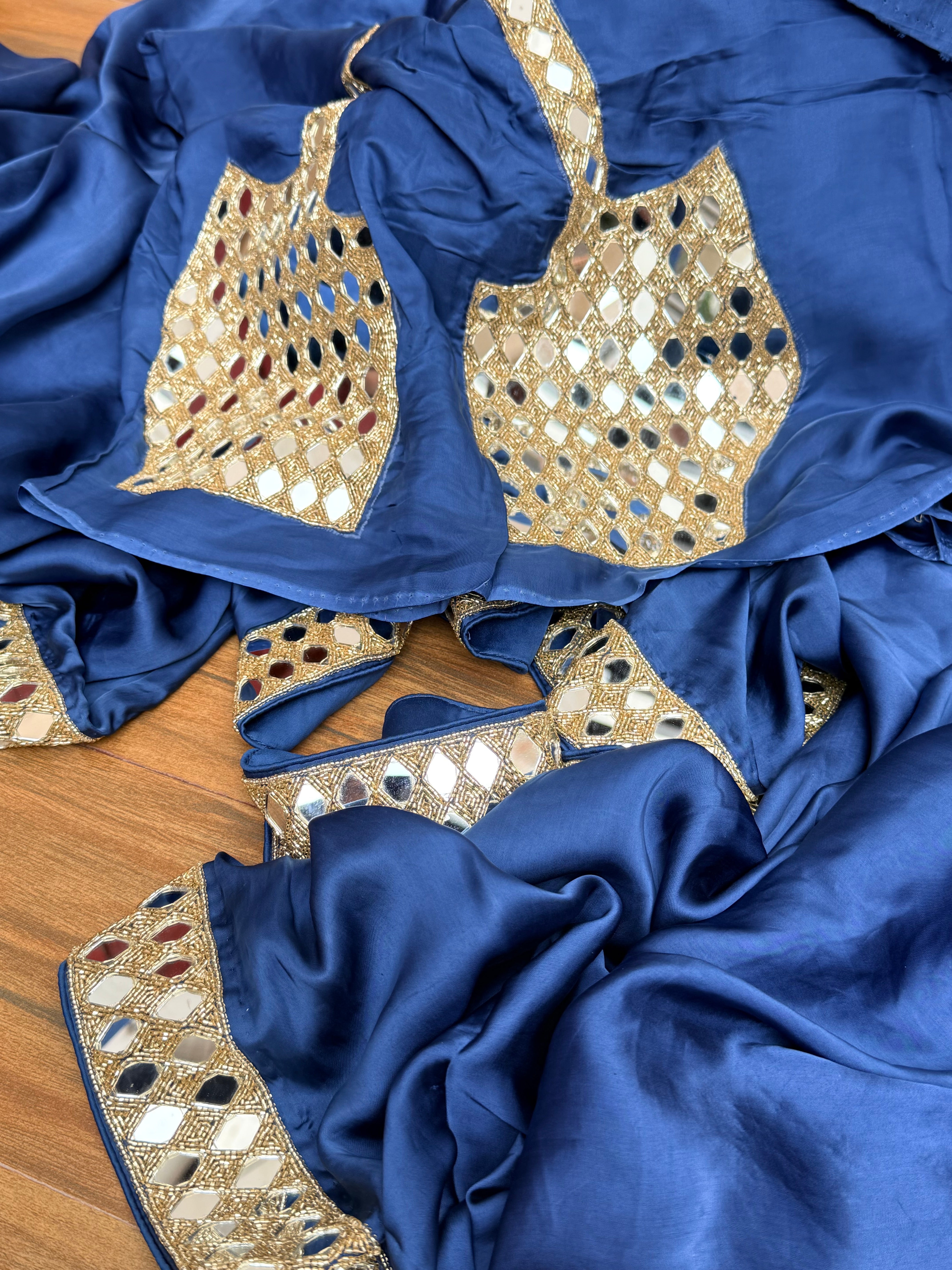 Tyohaar edit - Navy blue mashru satin silk mirrorwork kadhwa saree