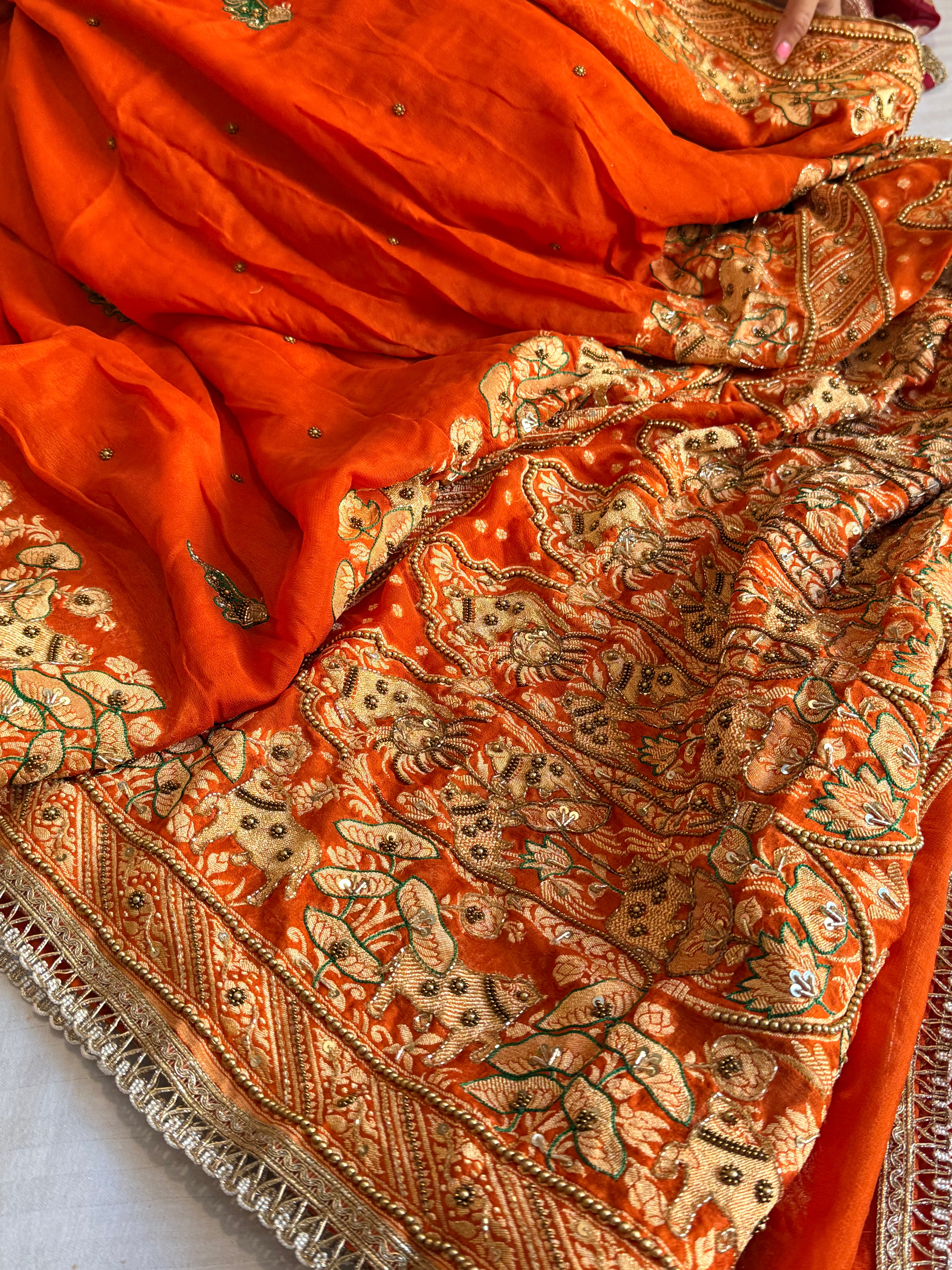 Banarasi fanta orange chiffon gorgette hand embroidered kadhwa saree