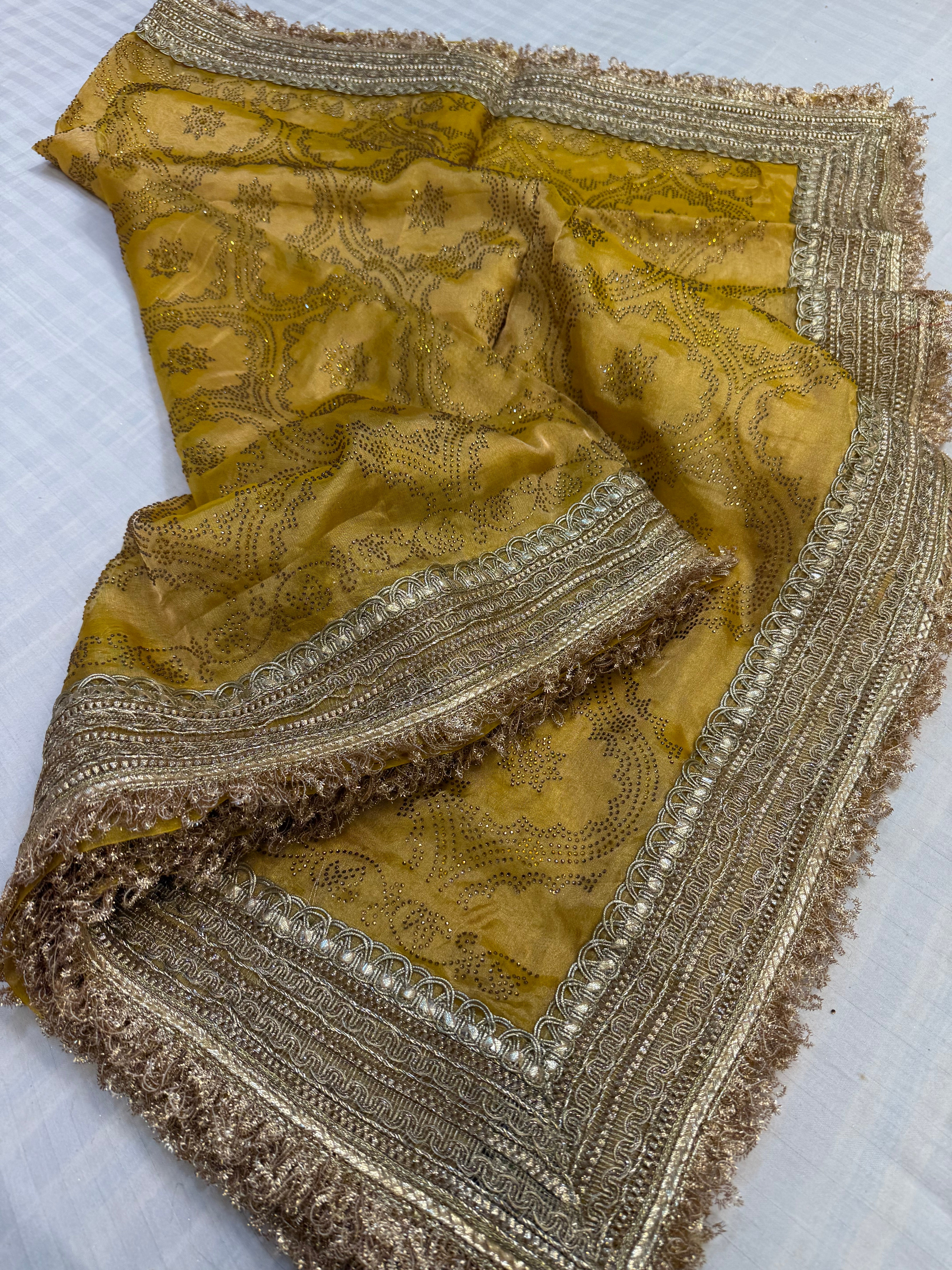 Sitara stonework haldi yellow tissue silk gotapatti saree